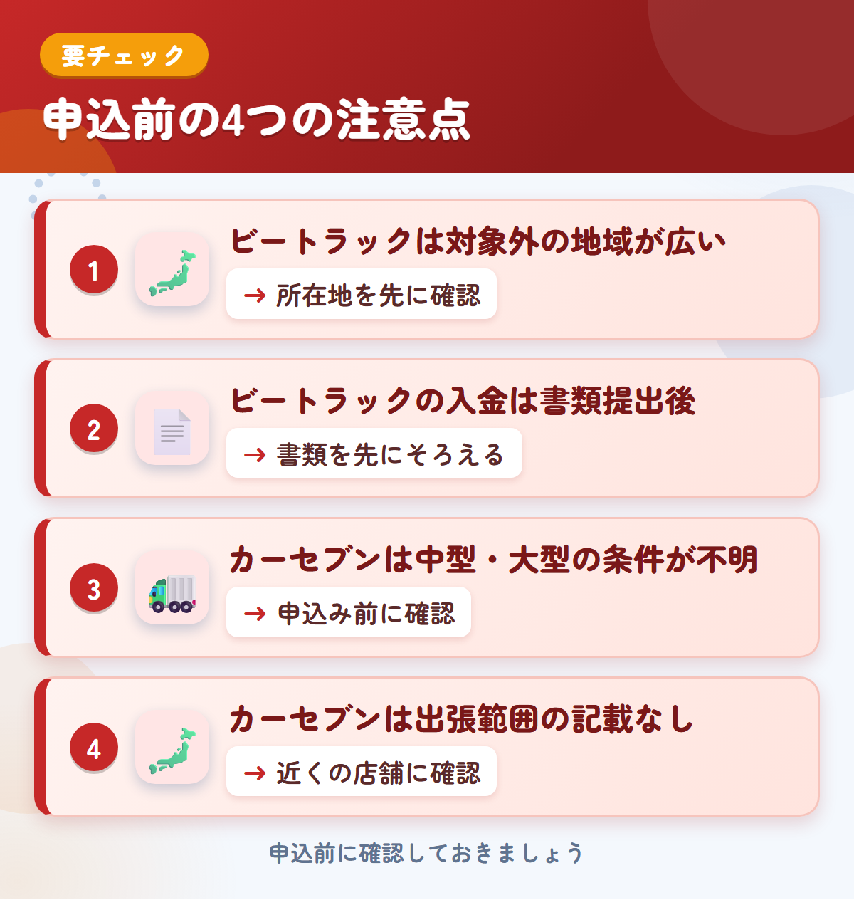 ビートラックとカーセブンの申込前の注意点4つ。ビートラックは対象外の地域が広い、入金は書類提出後、カーセブンは中型・大型の条件が不明、出張範囲の記載なし