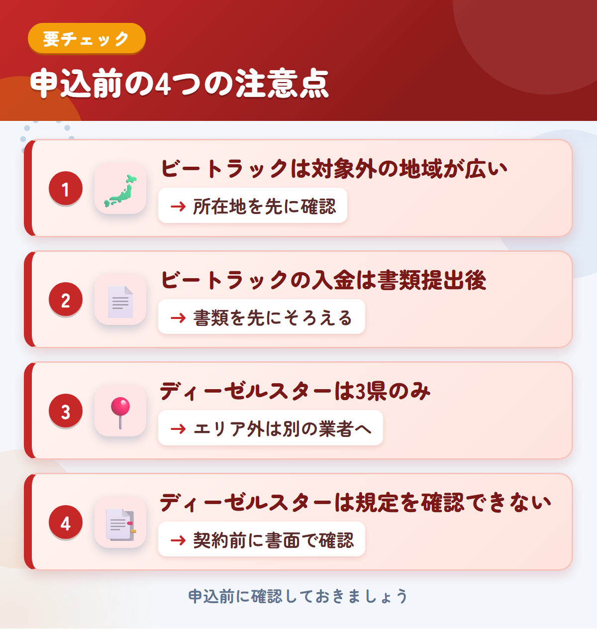 ビートラックとディーゼルスターの申込前の注意点4つ。ビートラックは対象外の地域が広い、入金は書類提出後、ディーゼルスターは3県のみ、規定を確認できない