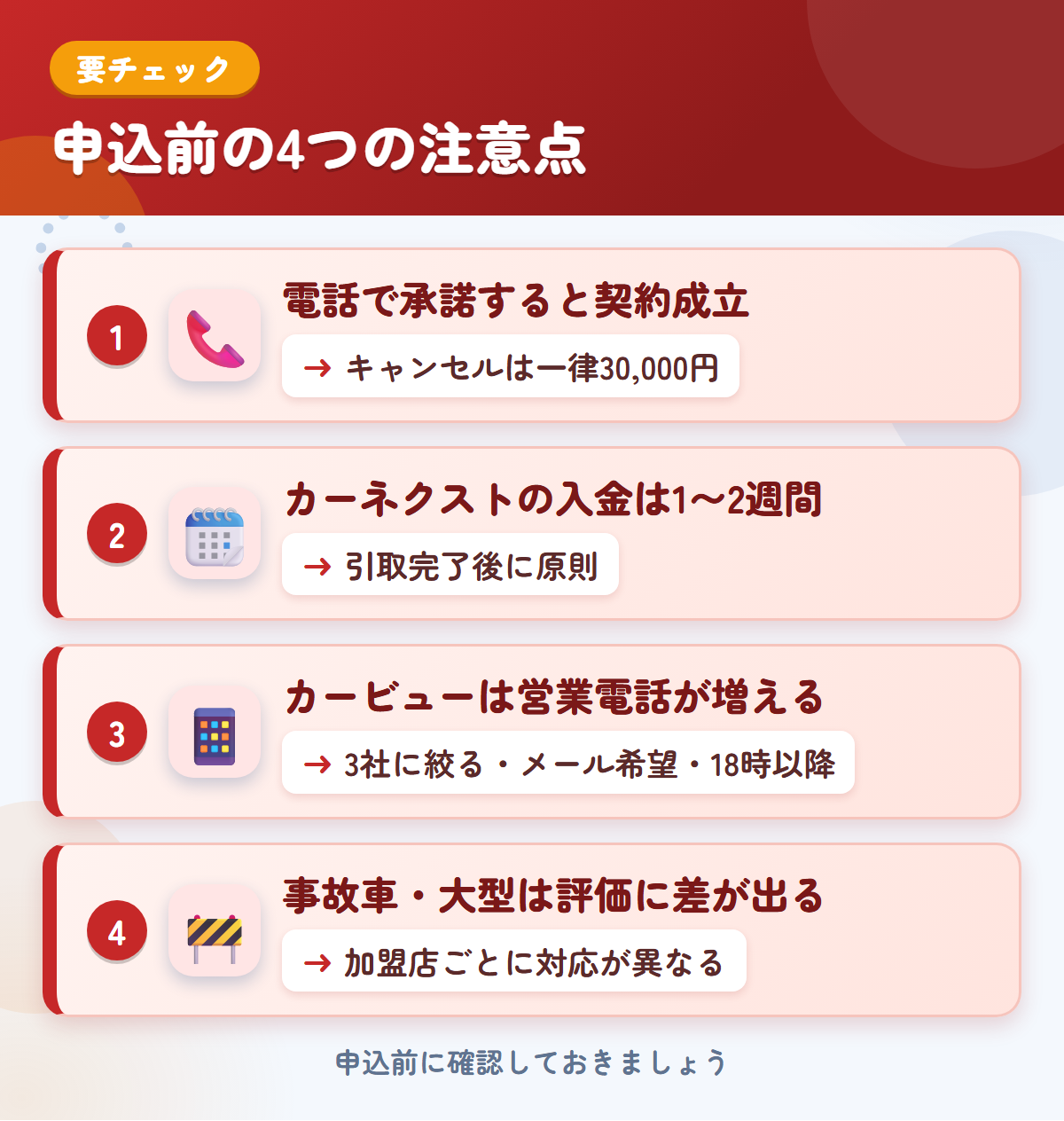 カーネクストとカービューの申込前の注意点4つ。電話承諾で契約成立、入金は1〜2週間、営業電話、事故車・大型の評価差