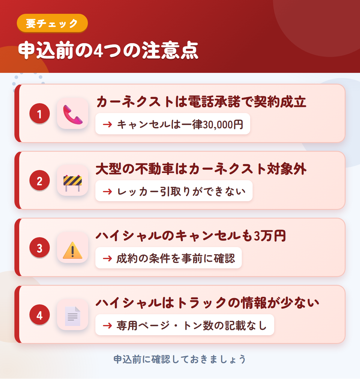 カーネクストとハイシャルの申込前の注意点4つ。電話承諾で契約成立、大型の不動車、ハイシャルのキャンセルも3万円、トラックの情報が少ない