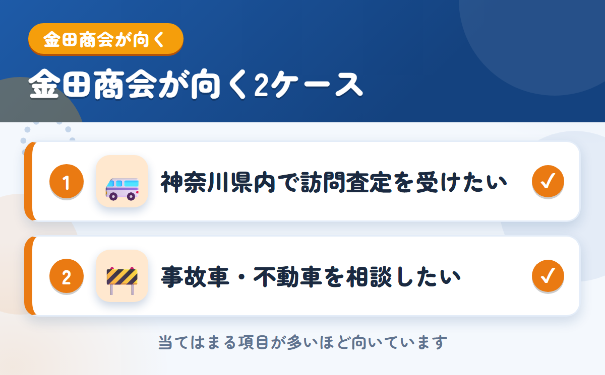 金田商会が向くケース。神奈川県内で訪問査定を受けたい、事故車・不動車を相談したい