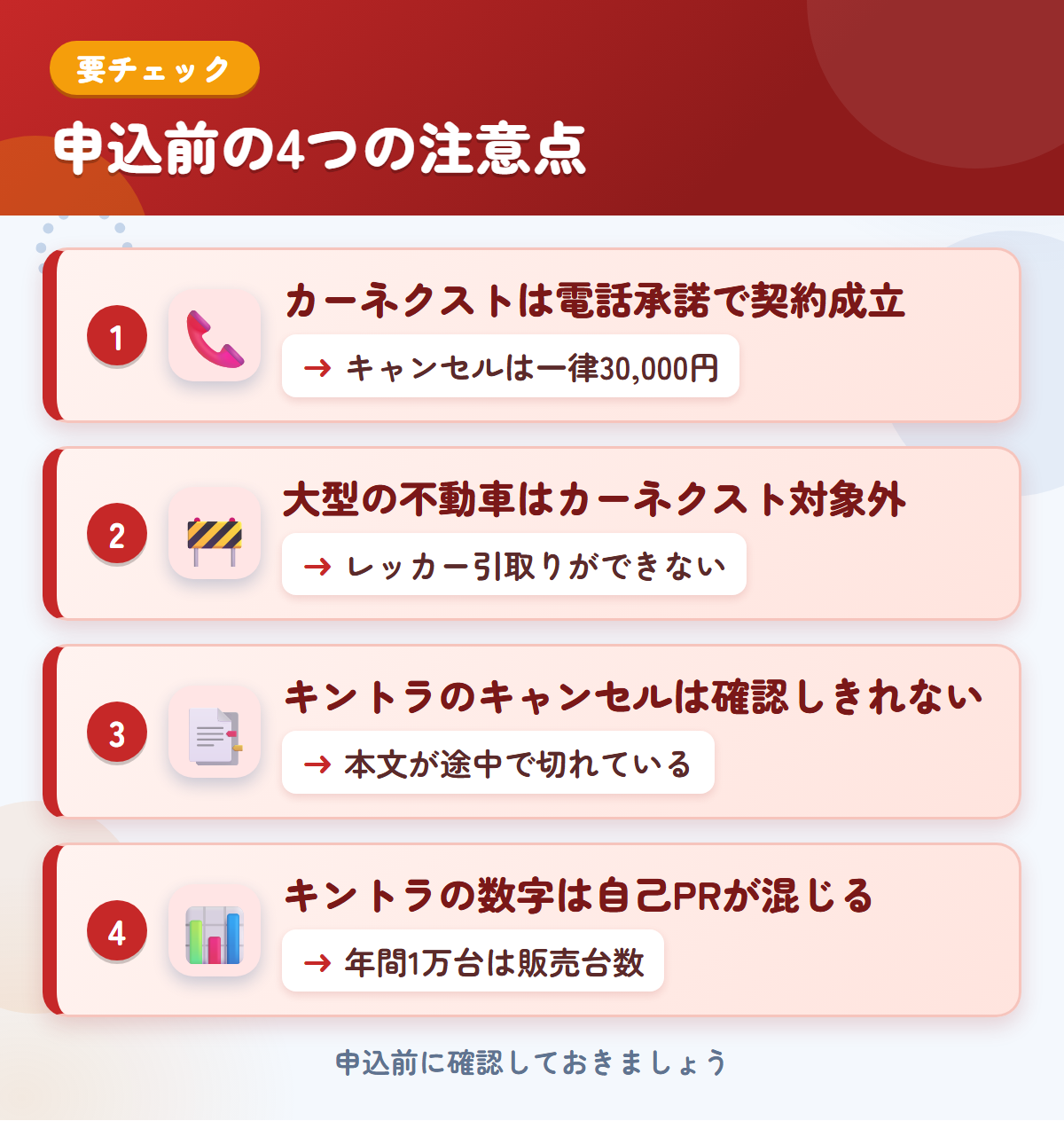 カーネクストとキントラの申込前の注意点4つ。電話承諾で契約成立、大型の不動車、キントラのキャンセルは確認しきれない、数字は自己PRが混じる