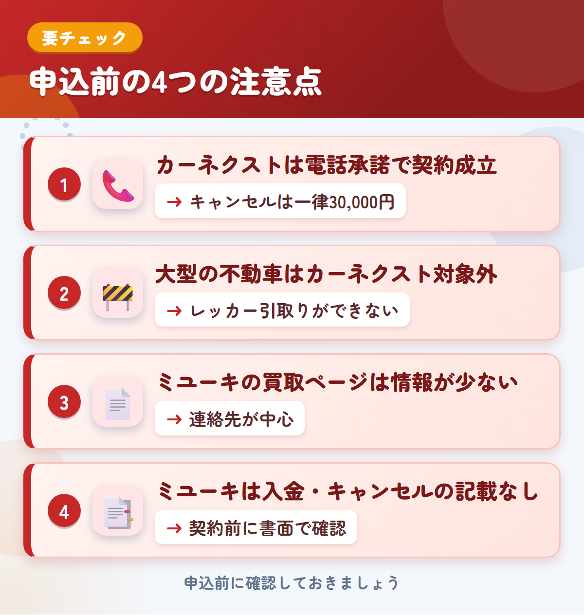 カーネクストとミユーキの申込前の注意点4つ。電話承諾で契約成立、大型の不動車、ミユーキの買取ページは情報が少ない、入金・キャンセルの記載なし