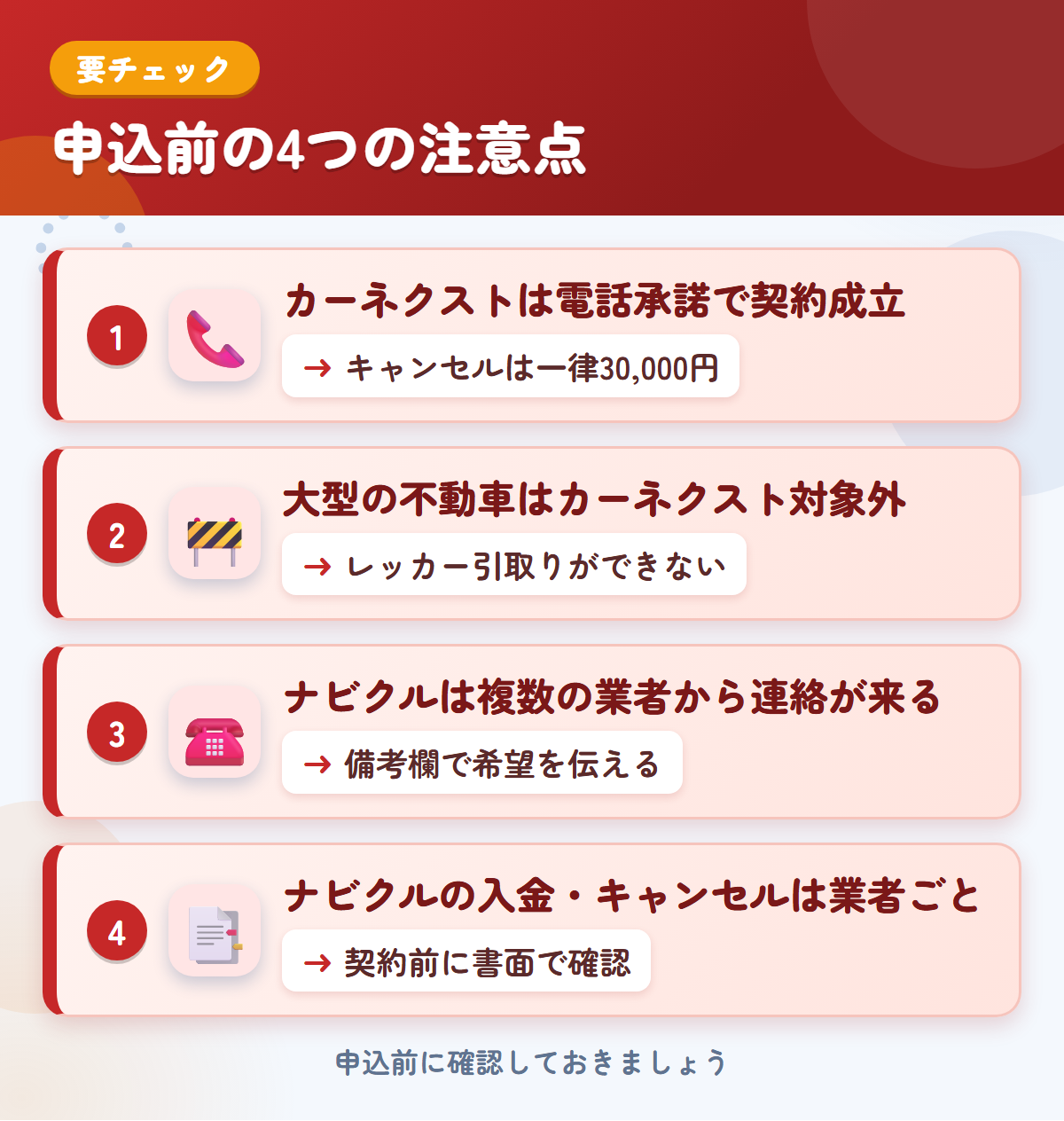 カーネクストとナビクルの申込前の注意点4つ。電話承諾で契約成立、大型の不動車、ナビクルは複数の業者から連絡が来る、入金・キャンセルが業者ごと