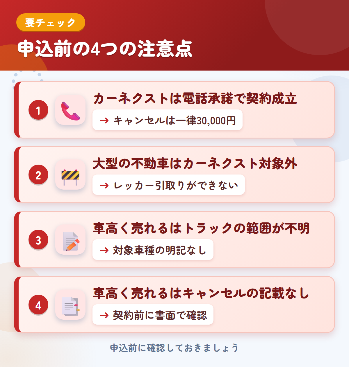 カーネクストと車高く売れるドットコムの申込前の注意点4つ。電話承諾で契約成立、大型の不動車、トラックの範囲が不明、キャンセルの記載なし