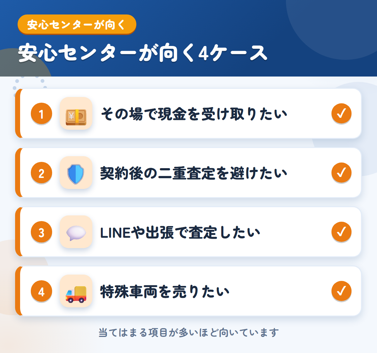 トラック買取安心センターが向くケース。その場で現金を受け取りたい、契約後の二重査定を避けたい、LINEや出張で査定、特殊車両を売る