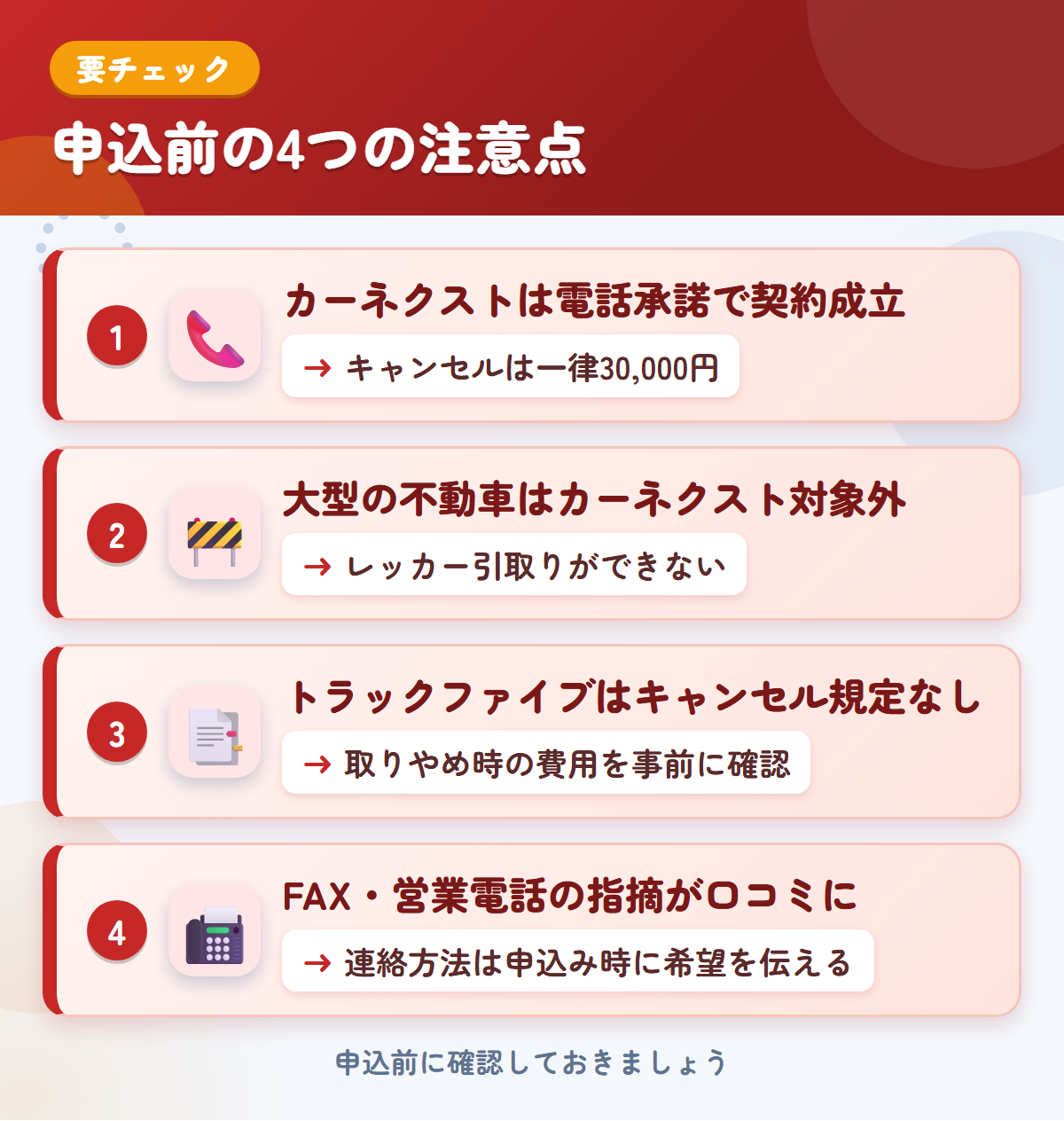 カーネクストとトラックファイブの申込前の注意点4つ。電話承諾で契約成立、大型の不動車、キャンセル規定、FAX・営業電話の指摘