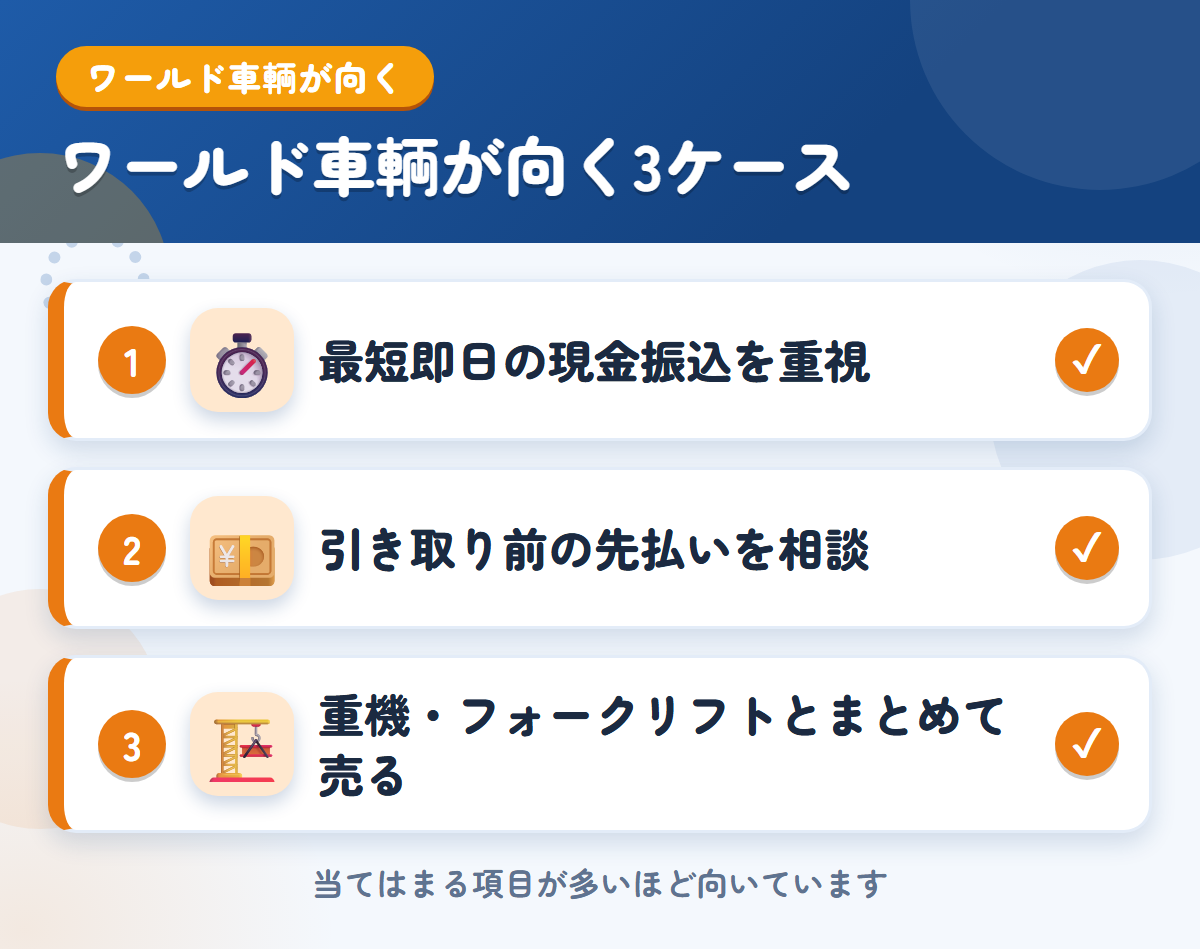 ワールド車輌が向くケース。最短即日の現金振込、引き取り前の先払い、重機・フォークリフトとまとめて売る