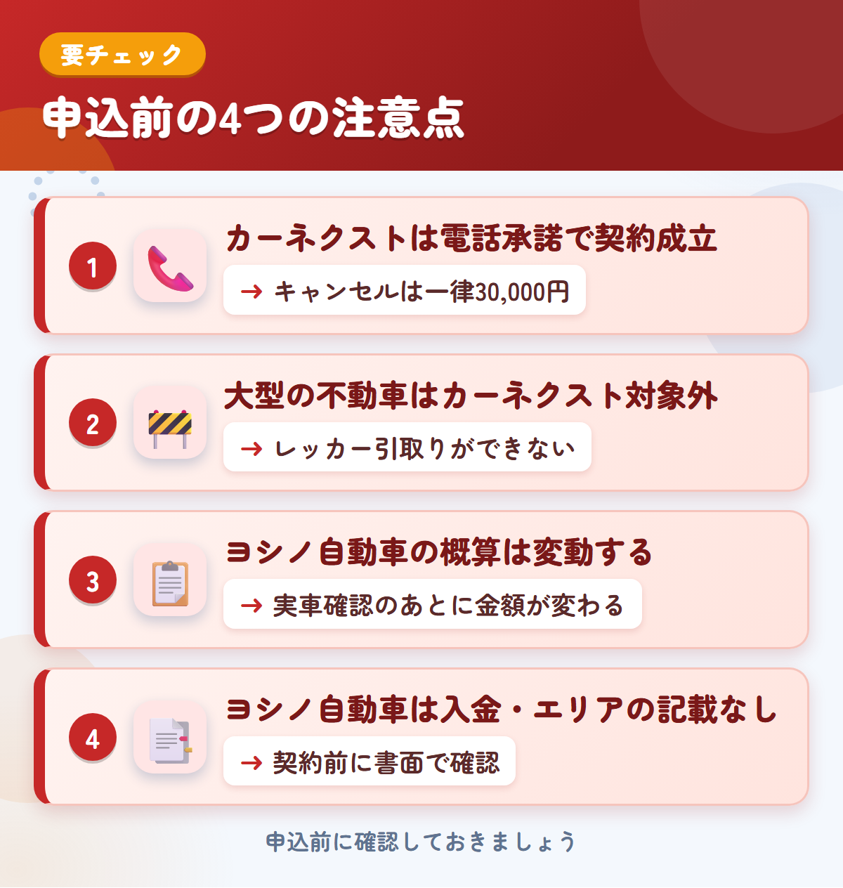 カーネクストとヨシノ自動車の申込前の注意点4つ。電話承諾で契約成立、大型の不動車、ヨシノ自動車の概算は変動する、入金・エリアの記載なし