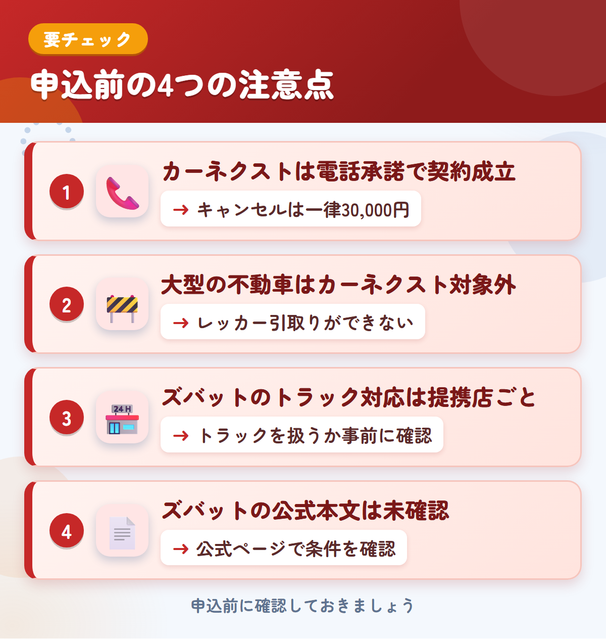 カーネクストとズバットの申込前の注意点4つ。電話承諾で契約成立、大型の不動車、ズバットのトラック対応は提携店ごと、公式本文を確認できていない