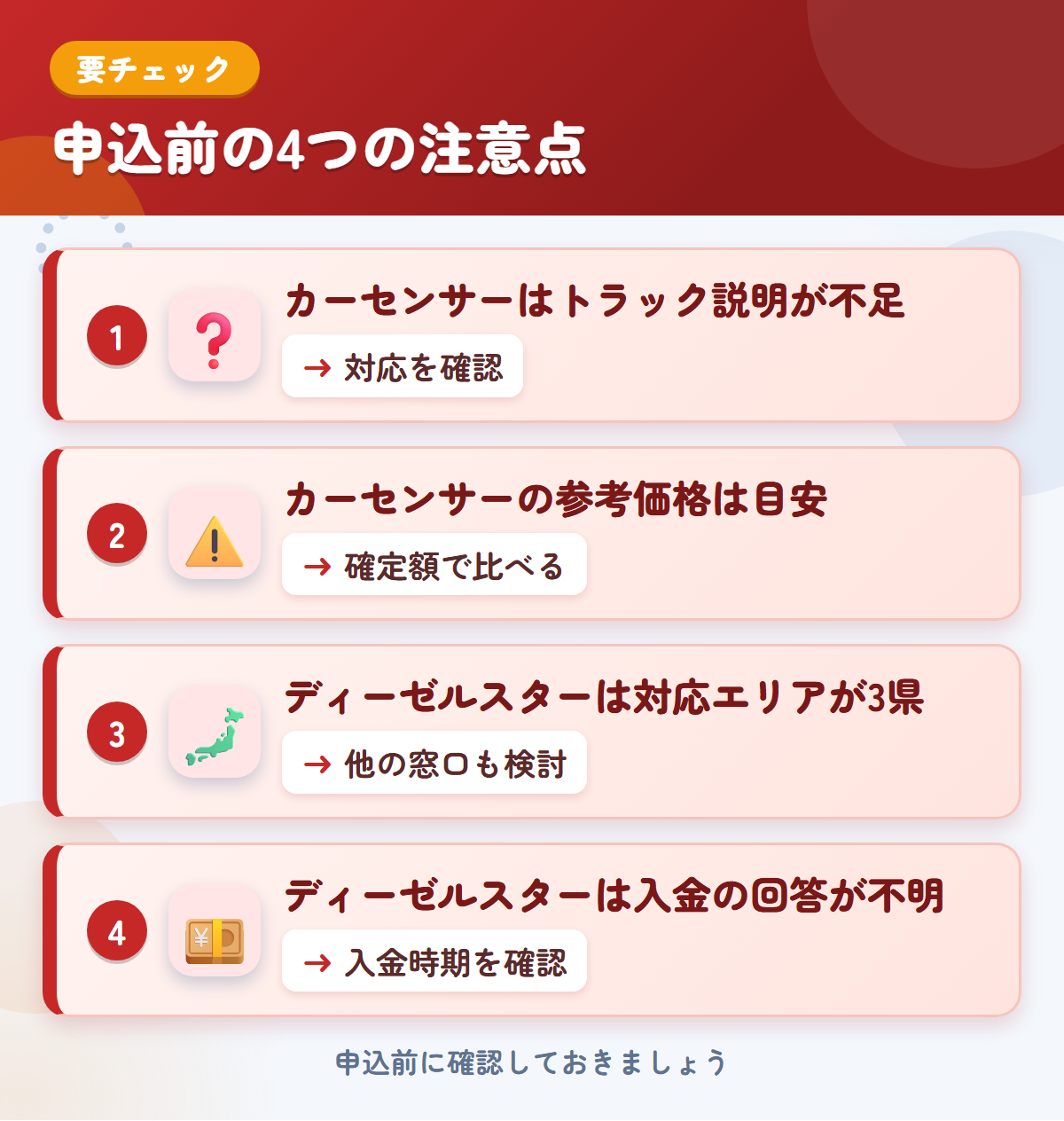 カーセンサーとディーゼルスターの申込前の注意点4つ。カーセンサーはトラック説明が不足、カーセンサーの参考価格は目安、ディーゼルスターは対応エリアが3県、ディーゼルスターは入金の回答が不明