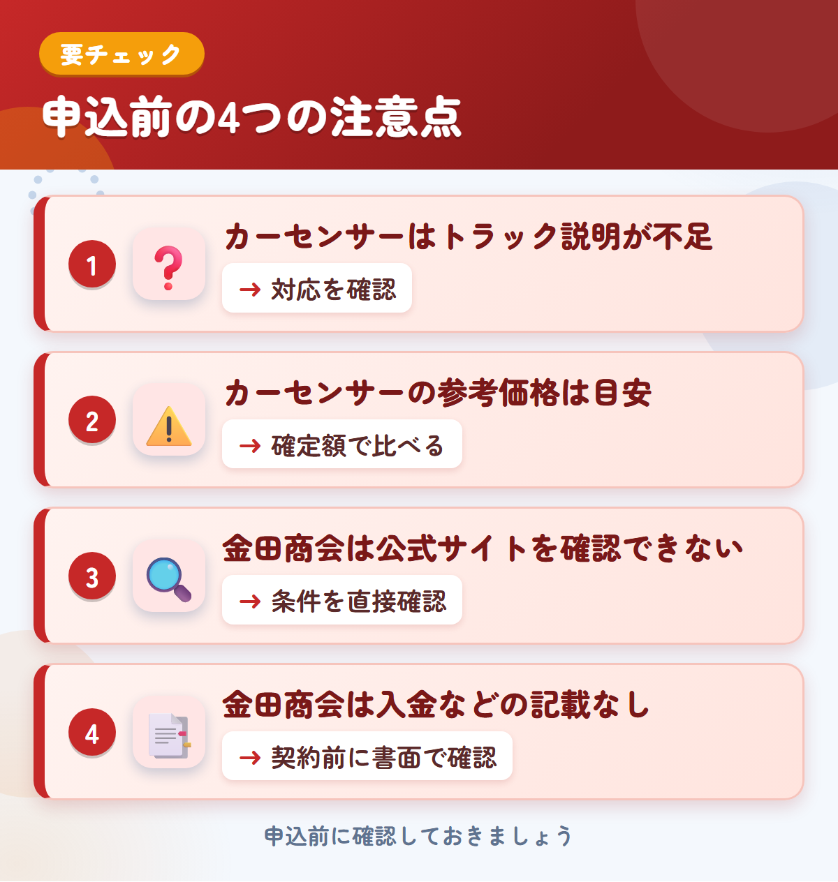 カーセンサーと金田商会の申込前の注意点4つ。カーセンサーはトラック説明が不足、カーセンサーの参考価格は目安、金田商会は公式サイトを確認できない、金田商会は入金などの記載なし