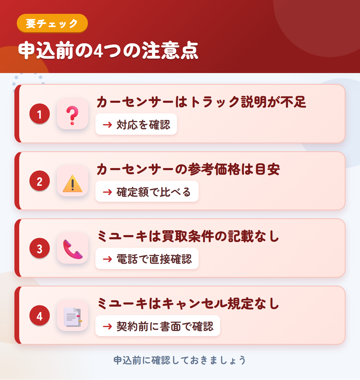 カーセンサーとミユーキの申込前の注意点4つ。カーセンサーはトラック説明が不足、カーセンサーの参考価格は目安、ミユーキは買取条件の記載なし、ミユーキはキャンセル規定なし