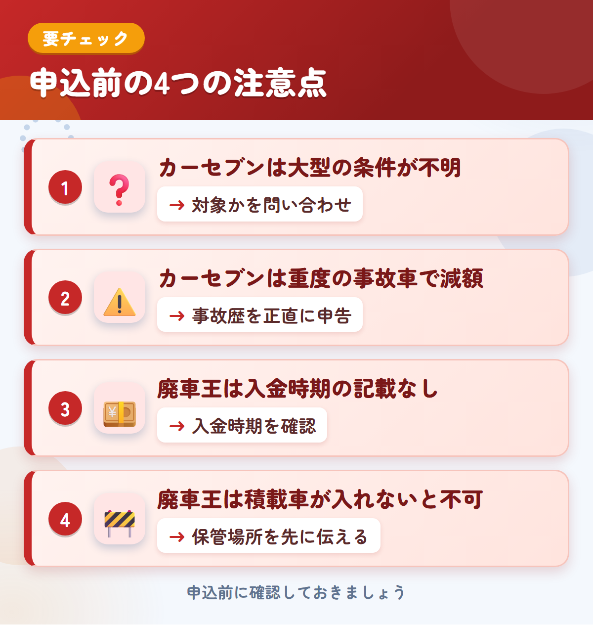 カーセブンと廃車王の申込前の注意点4つ。カーセブンは大型の条件が不明、カーセブンは重度の事故車で減額、廃車王は入金時期の記載なし、廃車王は積載車が入れないと不可