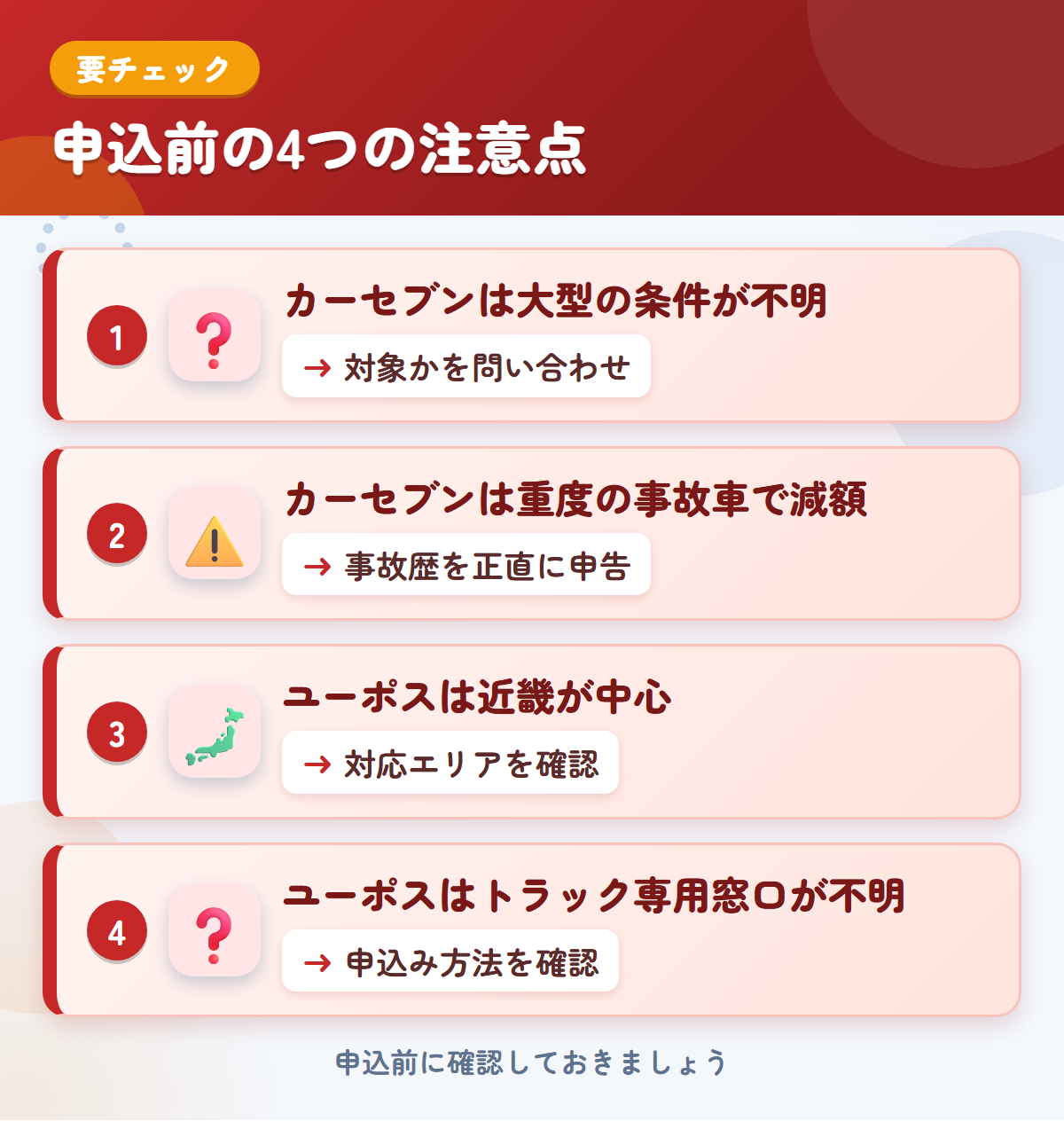 カーセブンとユーポスの申込前の注意点4つ。カーセブンは大型の条件が不明、カーセブンは重度の事故車で減額、ユーポスは近畿が中心、ユーポスはトラック専用窓口が不明