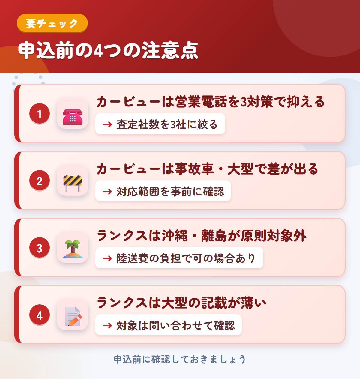カービューとランクスの申込前の注意点4つ。カービューは営業電話を3対策で抑える、事故車・大型で差が出る、ランクスは沖縄・離島が原則対象外、大型の記載が薄い