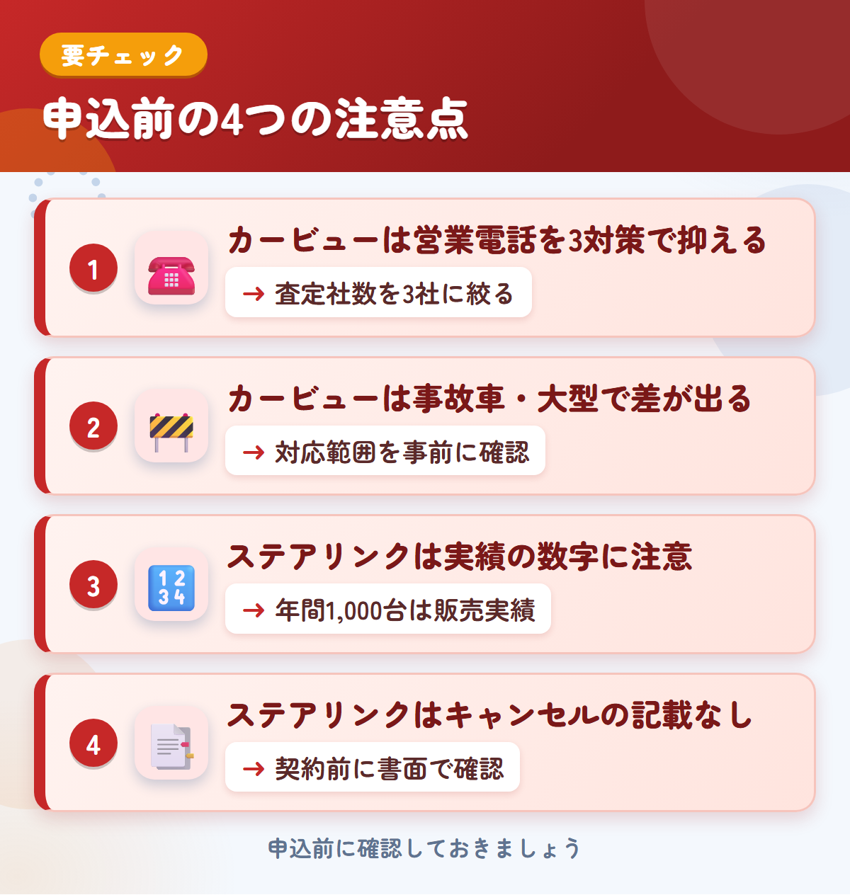 カービューとステアリンクの申込前の注意点4つ。カービューは営業電話を3対策で抑える、事故車・大型で差が出る、ステアリンクは実績の数字に注意、キャンセルの記載なし