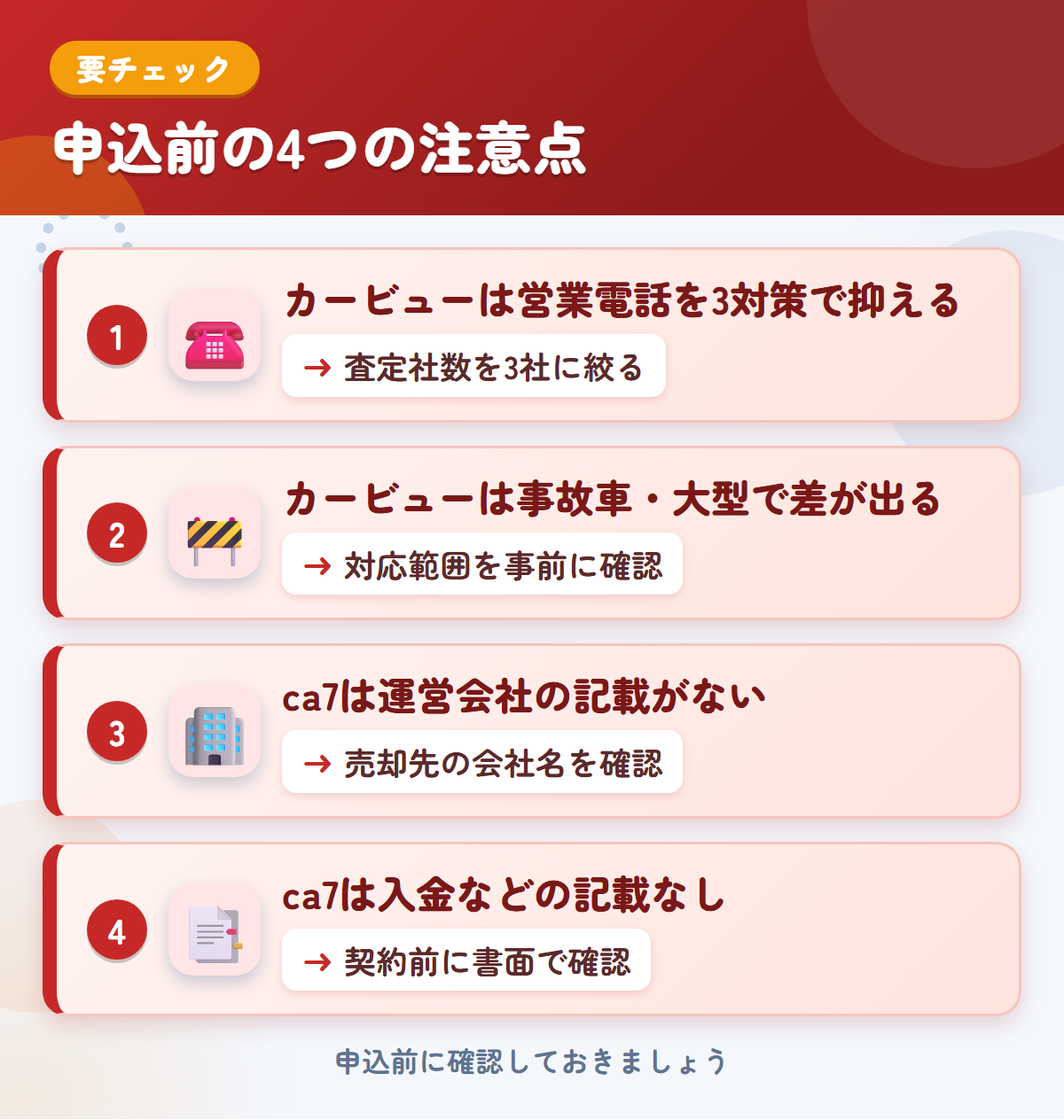 カービューとca7の申込前の注意点4つ。カービューは営業電話を3対策で抑える、事故車・大型で差が出る、ca7は運営会社の記載がない、入金などの記載なし