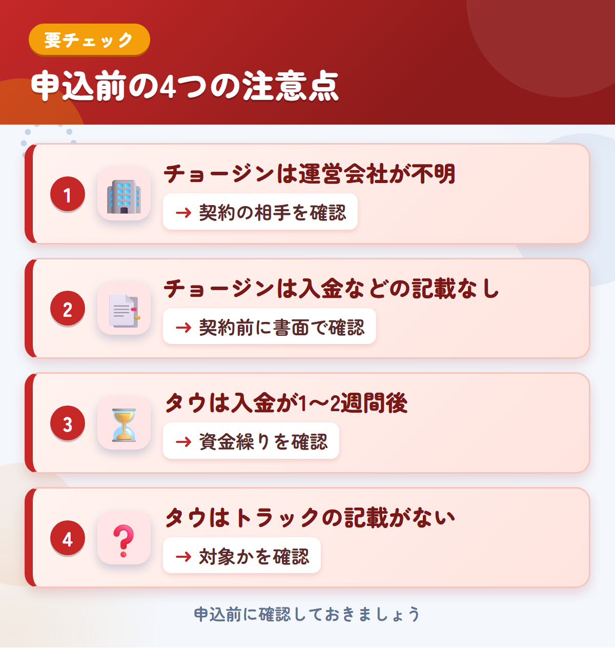 チョージンとタウの申込前の注意点4つ。チョージンは運営会社が不明、チョージンは入金などの記載なし、タウは入金が1〜2週間後、タウはトラックの記載がない