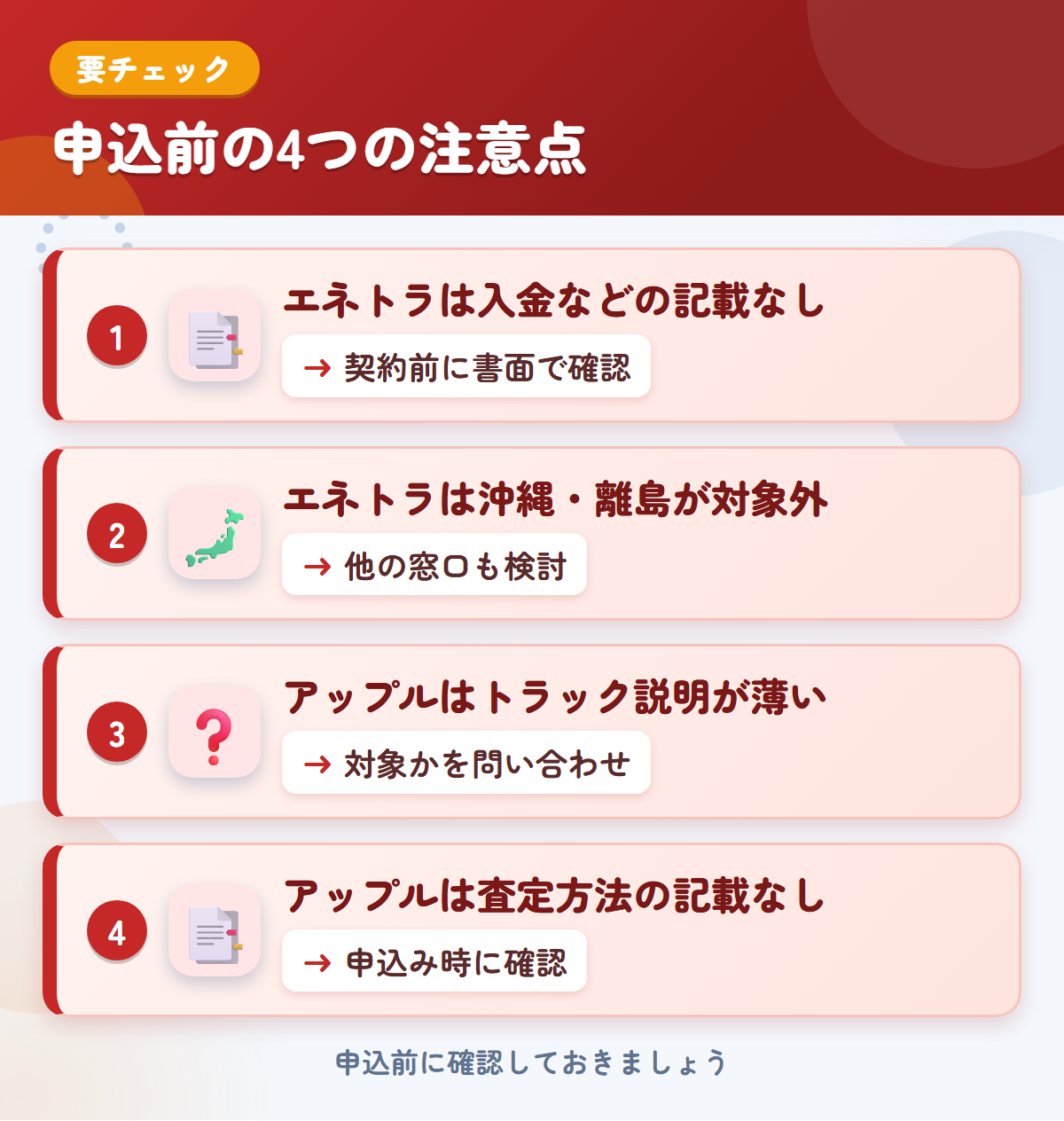 エネトラとアップルの申込前の注意点4つ。エネトラは入金などの記載なし、エネトラは沖縄・離島が対象外、アップルはトラック説明が薄い、アップルは査定方法の記載なし