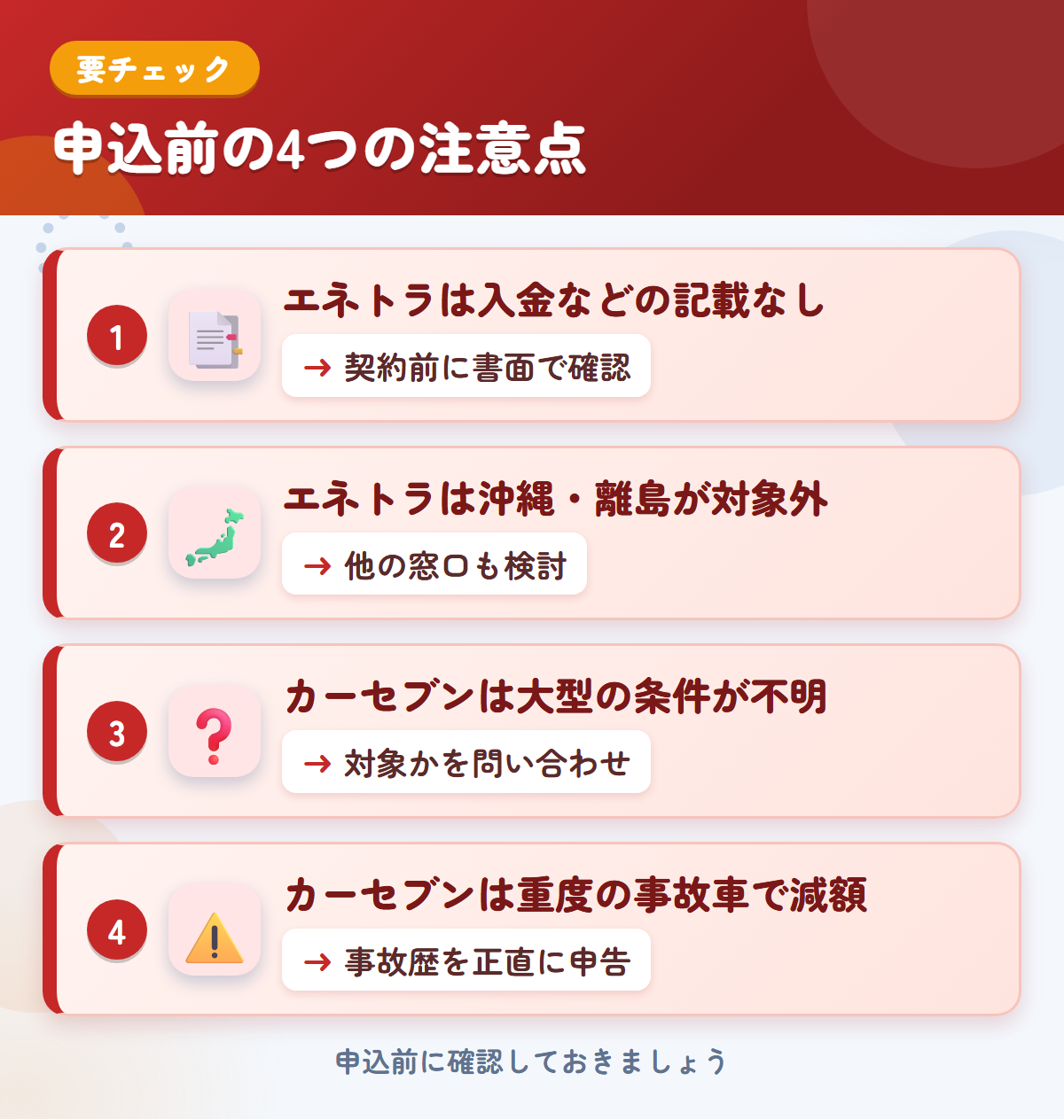 エネトラとカーセブンの申込前の注意点4つ。エネトラは入金などの記載なし、エネトラは沖縄・離島が対象外、カーセブンは大型の条件が不明、カーセブンは重度の事故車で減額
