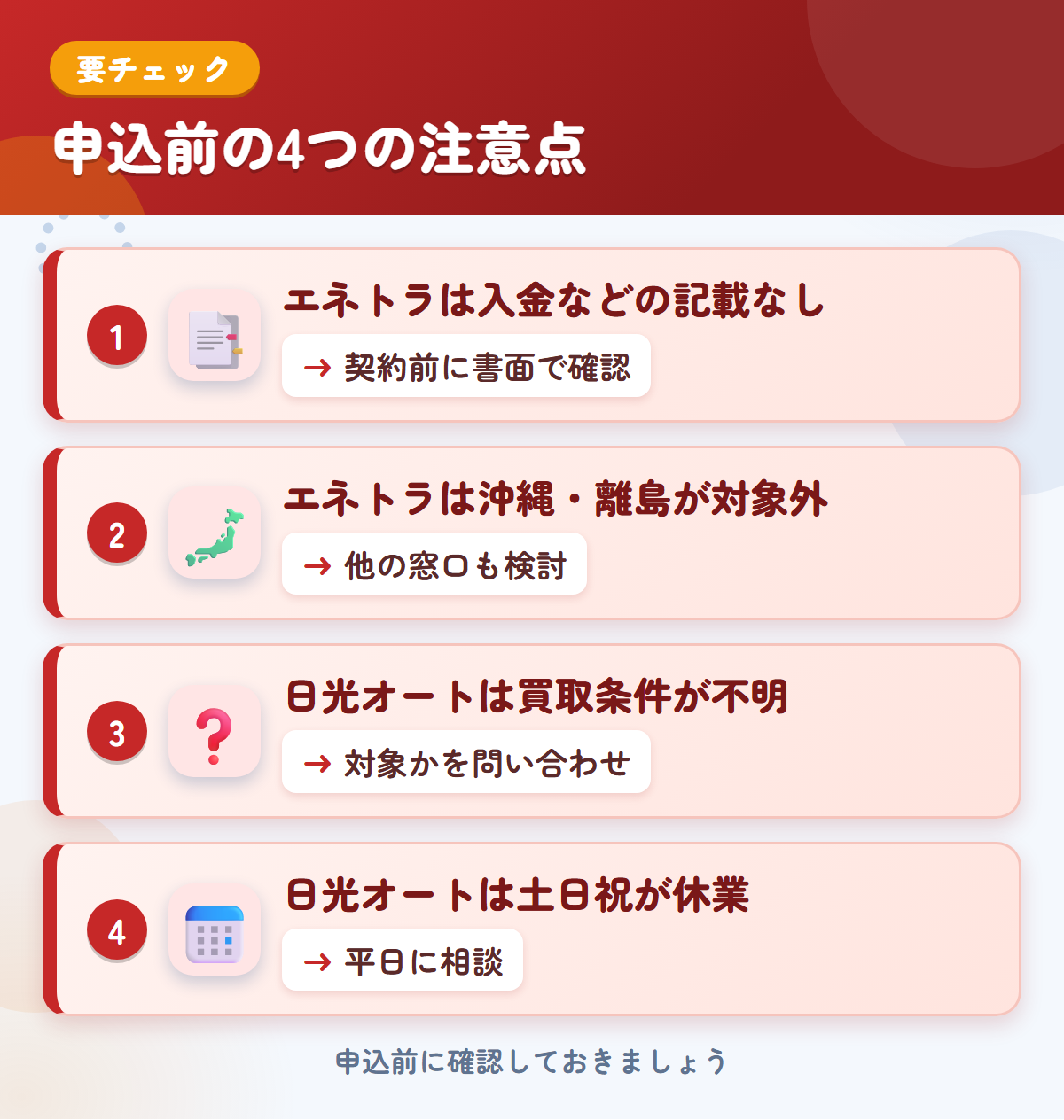 エネトラと日光オートの申込前の注意点4つ。エネトラは入金などの記載なし、エネトラは沖縄・離島が対象外、日光オートは買取条件が不明、日光オートは土日祝が休業