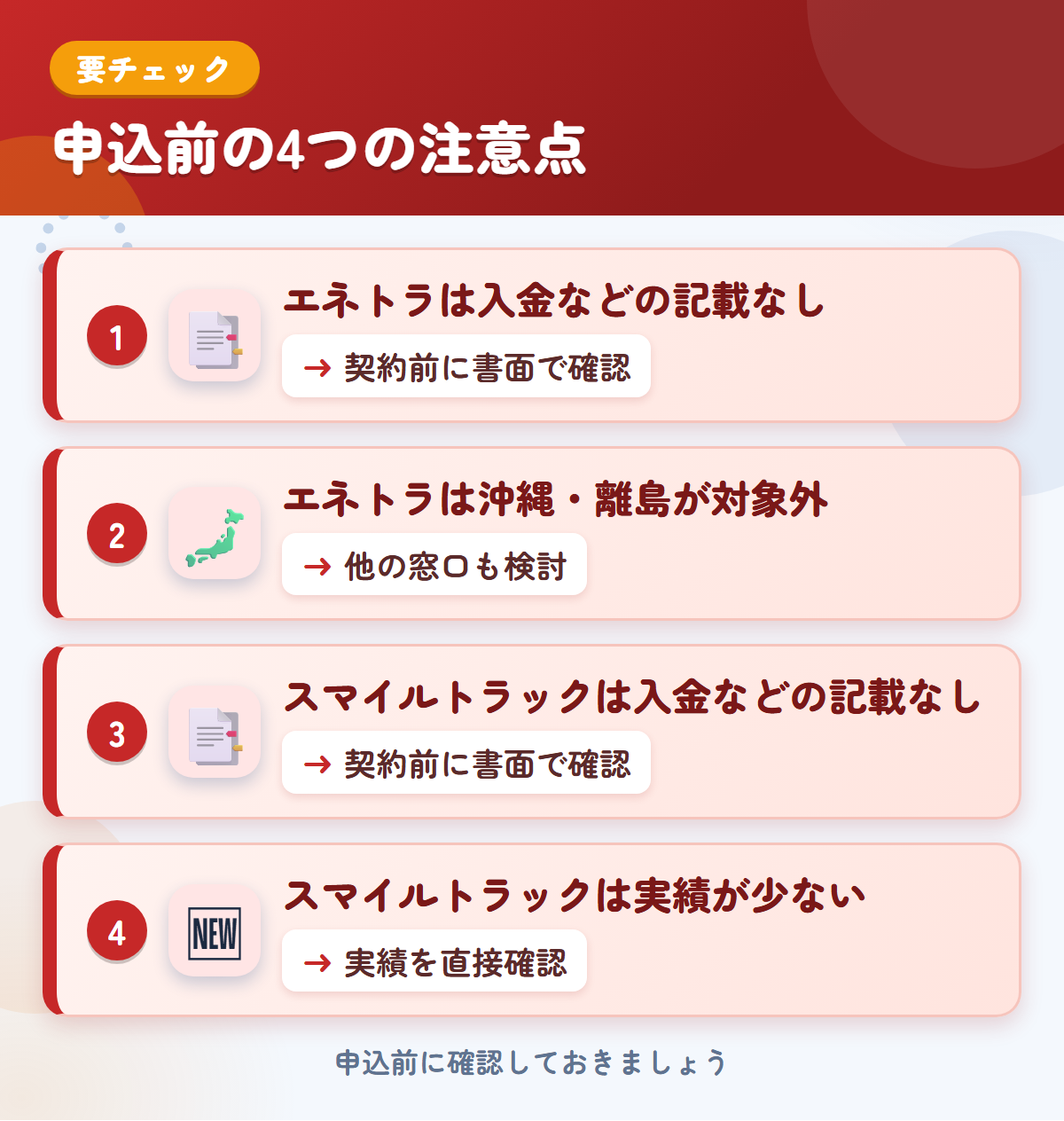 エネトラとスマイルトラックの申込前の注意点4つ。エネトラは入金などの記載なし、エネトラは沖縄・離島が対象外、スマイルトラックは入金などの記載なし、スマイルトラックは実績が少ない