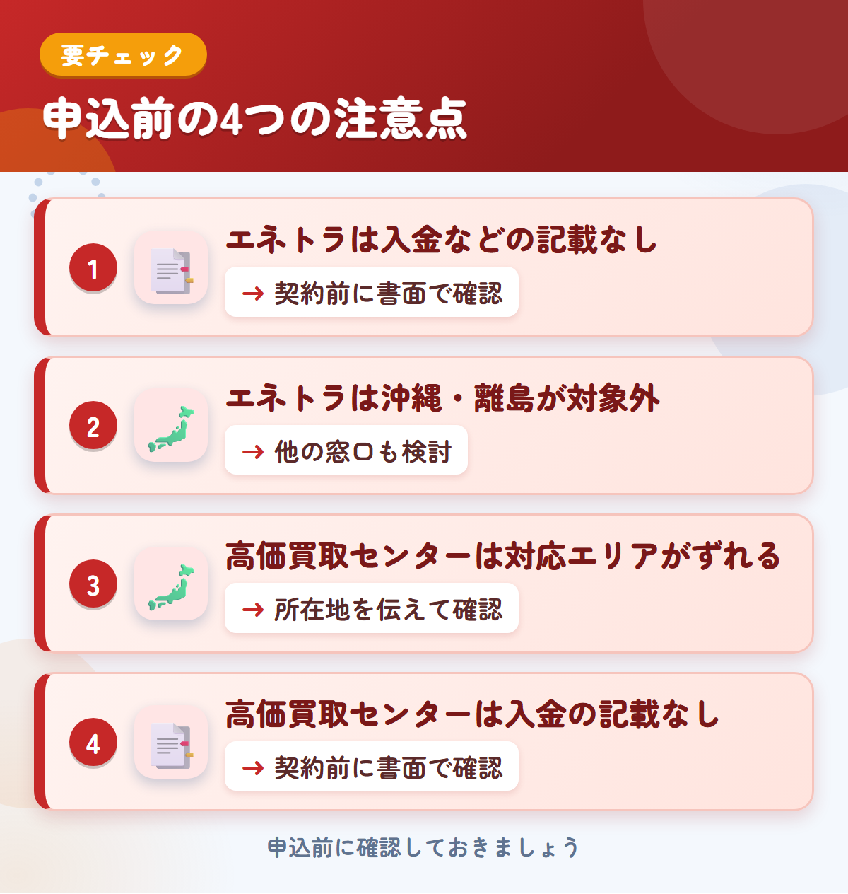 エネトラと高価買取センターの申込前の注意点4つ。エネトラは入金などの記載なし、エネトラは沖縄・離島が対象外、高価買取センターは対応エリアがずれる、高価買取センターは入金の記載なし