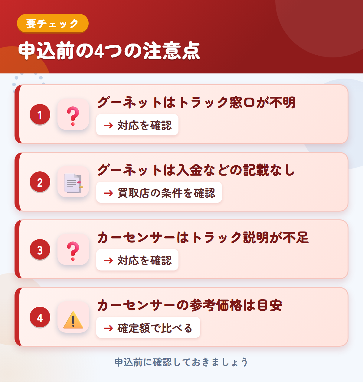 グーネットとカーセンサーの申込前の注意点4つ。グーネットはトラック窓口が不明、グーネットは入金などの記載なし、カーセンサーはトラック説明が不足、カーセンサーの参考価格は目安