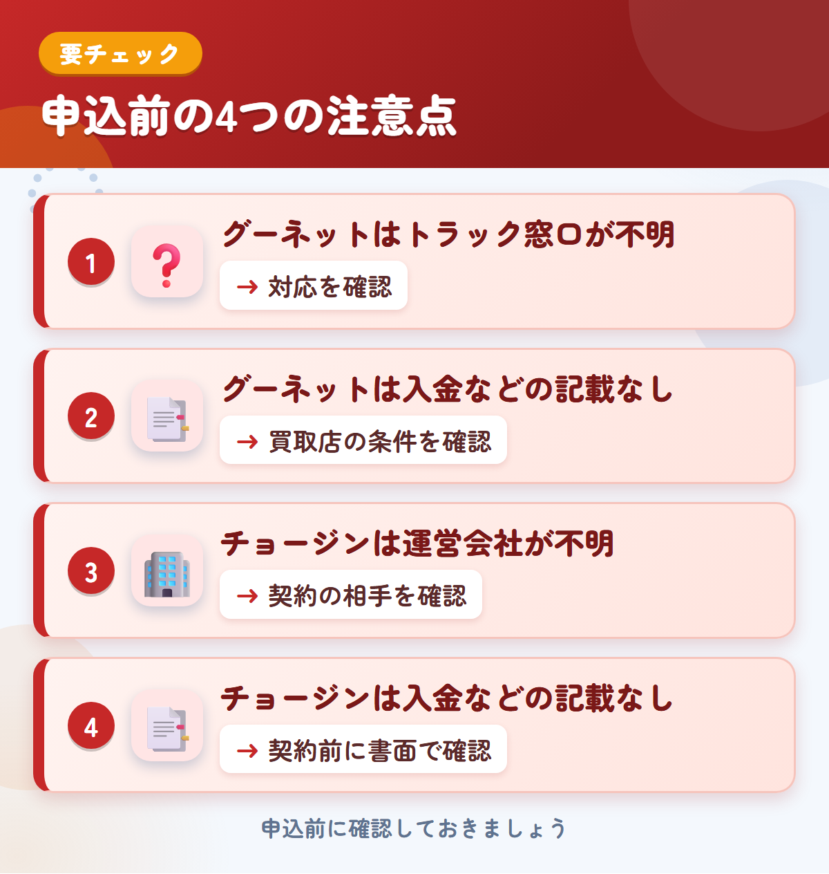 グーネットとチョージンの申込前の注意点4つ。グーネットはトラック窓口が不明、グーネットは入金などの記載なし、チョージンは運営会社が不明、チョージンは入金などの記載なし