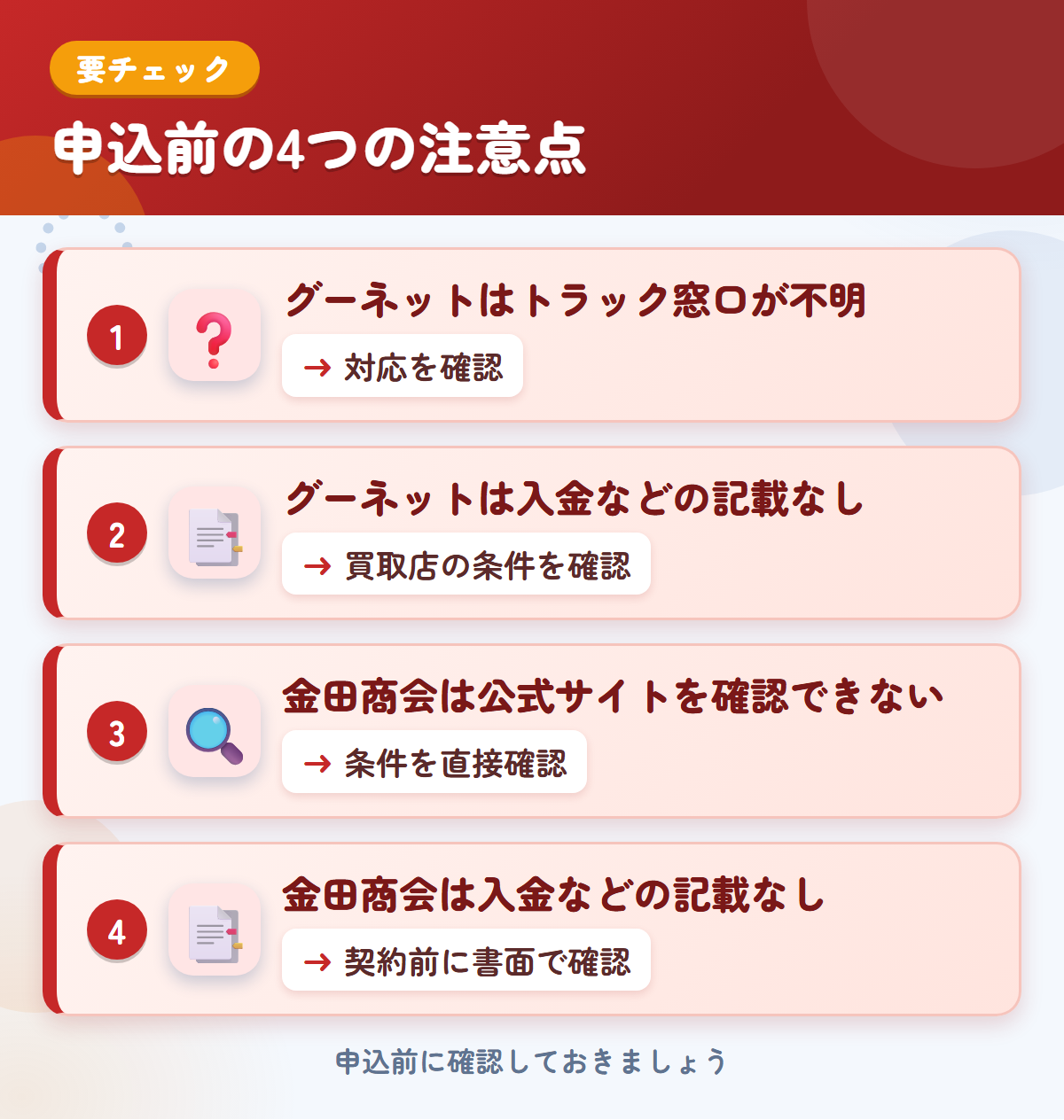 グーネットと金田商会の申込前の注意点4つ。グーネットはトラック窓口が不明、グーネットは入金などの記載なし、金田商会は公式サイトを確認できない、金田商会は入金などの記載なし