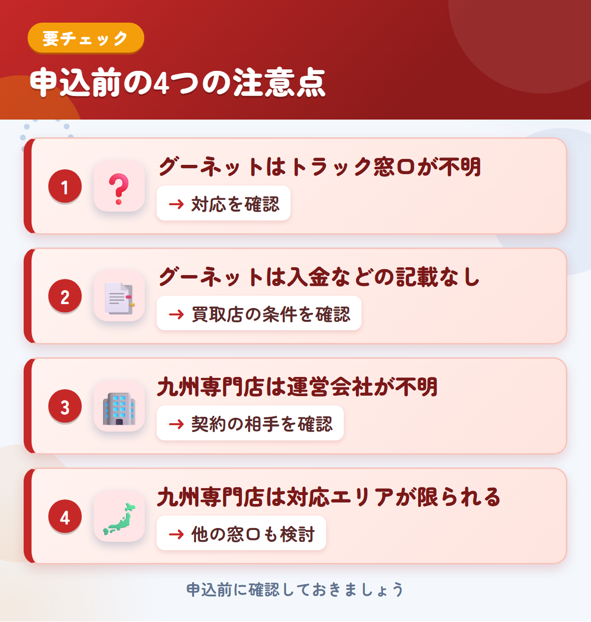 グーネットと九州専門店の申込前の注意点4つ。グーネットはトラック窓口が不明、グーネットは入金などの記載なし、九州専門店は運営会社が不明、九州専門店は対応エリアが限られる