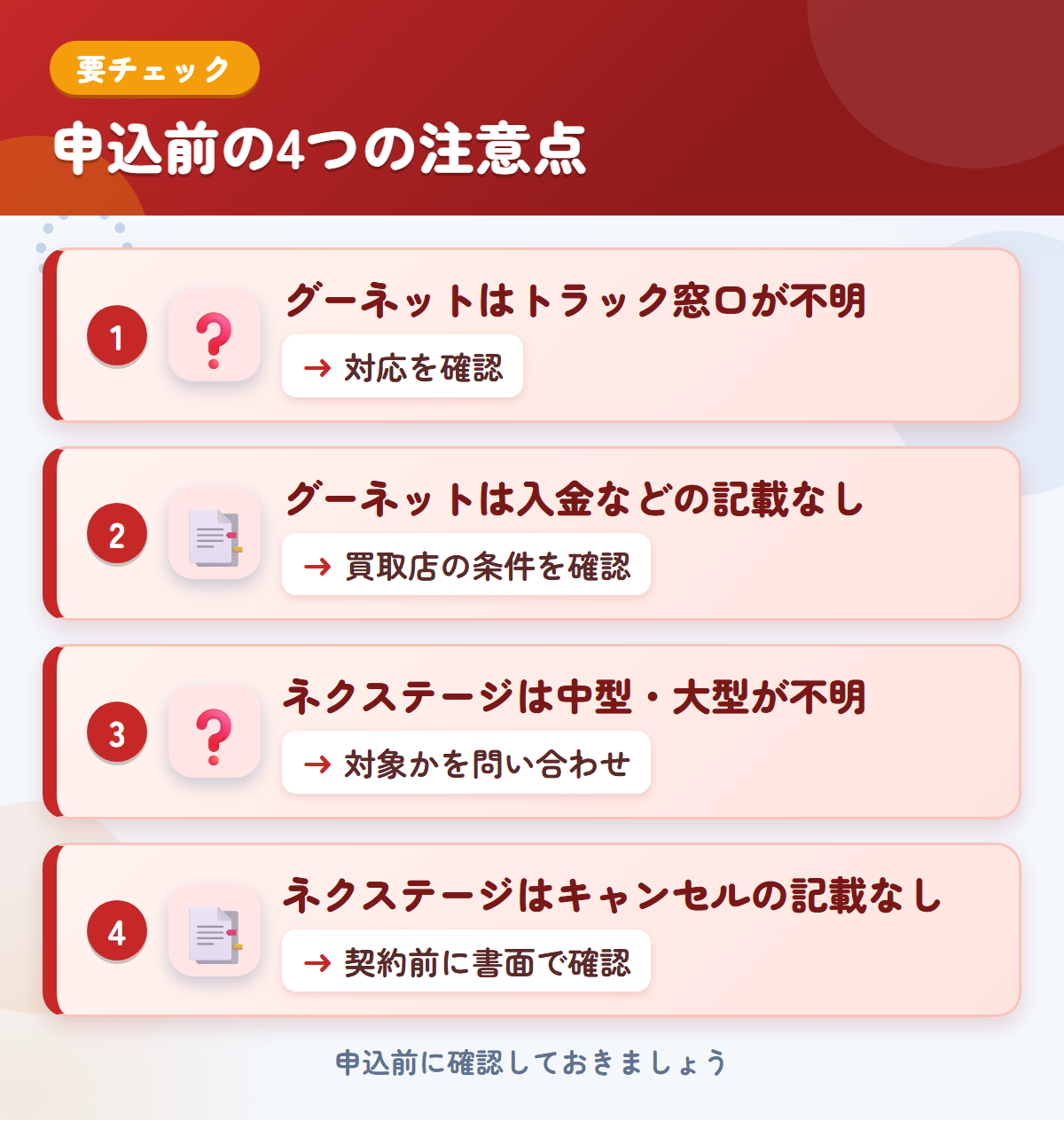 グーネットとネクステージの申込前の注意点4つ。グーネットはトラック窓口が不明、グーネットは入金などの記載なし、ネクステージは中型・大型が不明、ネクステージはキャンセルの記載なし
