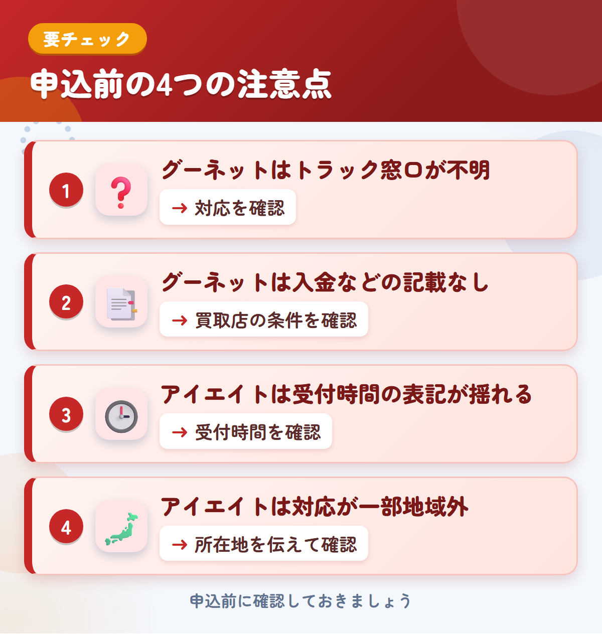 グーネットとアイエイトの申込前の注意点4つ。グーネットはトラック窓口が不明、グーネットは入金などの記載なし、アイエイトは受付時間の表記が揺れる、アイエイトは対応が一部地域外