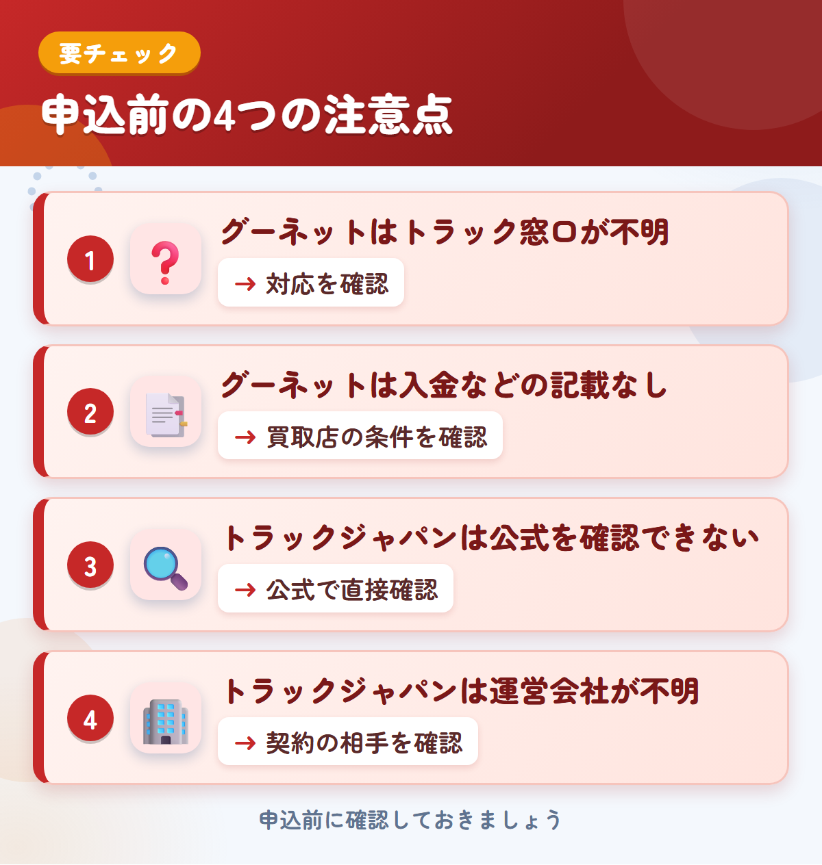 グーネットとトラックジャパンの申込前の注意点4つ。グーネットはトラック窓口が不明、グーネットは入金などの記載なし、トラックジャパンは公式を確認できない、トラックジャパンは運営会社が不明