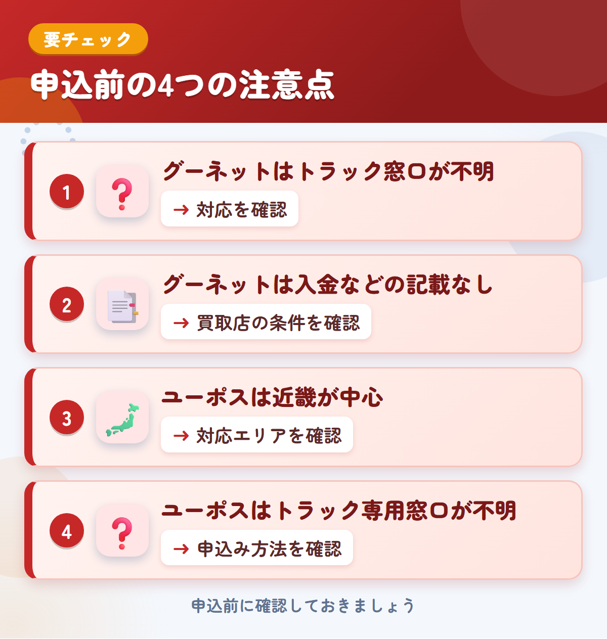 グーネットとユーポスの申込前の注意点4つ。グーネットはトラック窓口が不明、グーネットは入金などの記載なし、ユーポスは近畿が中心、ユーポスはトラック専用窓口が不明
