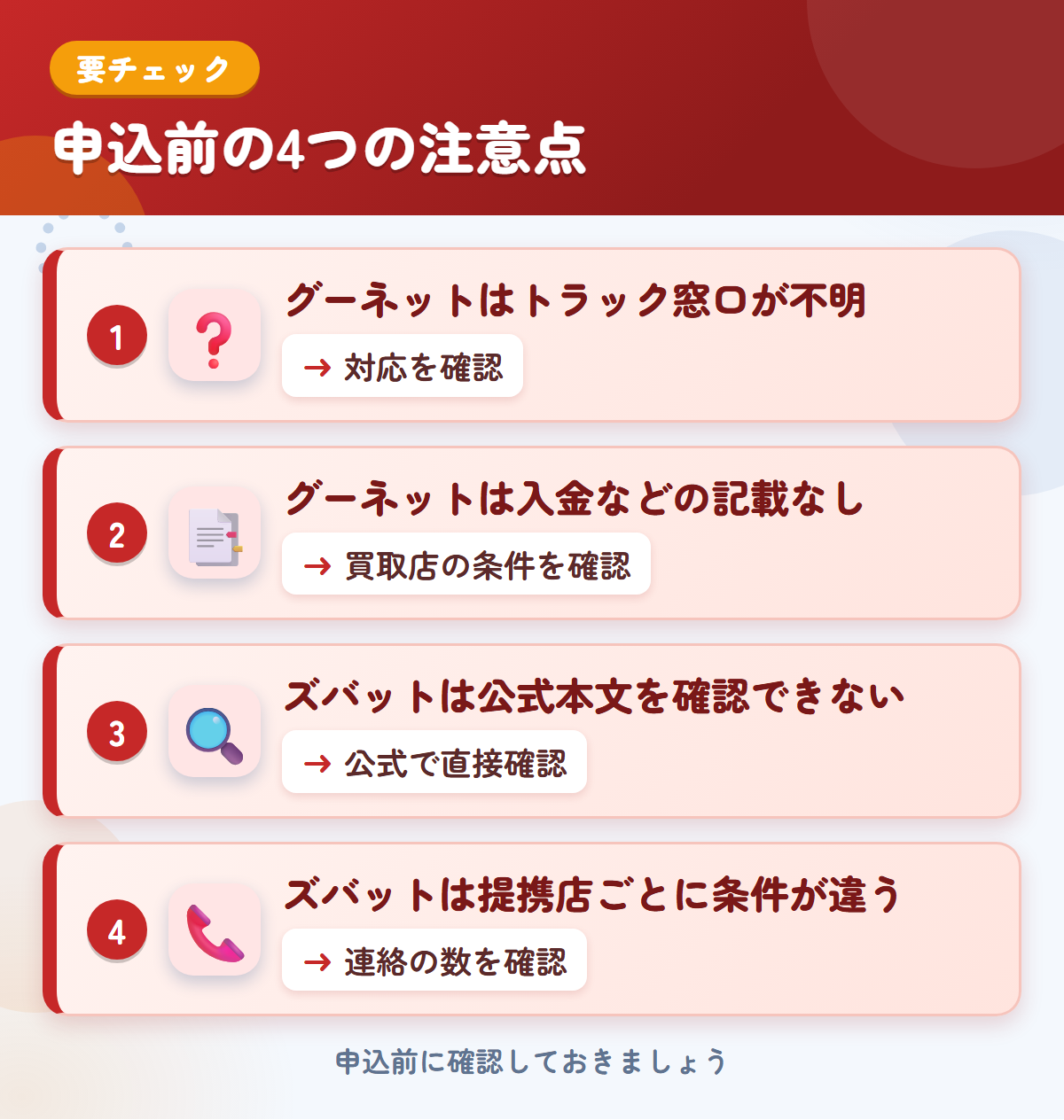 グーネットとズバットの申込前の注意点4つ。グーネットはトラック窓口が不明、グーネットは入金などの記載なし、ズバットは公式本文を確認できない、ズバットは提携店ごとに条件が違う