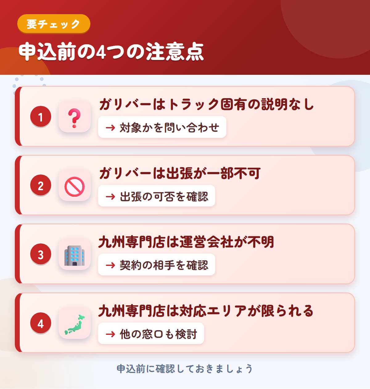 ガリバーと九州専門店の申込前の注意点4つ。ガリバーはトラック固有の説明なし、ガリバーは出張が一部不可、九州専門店は運営会社が不明、九州専門店は対応エリアが限られる