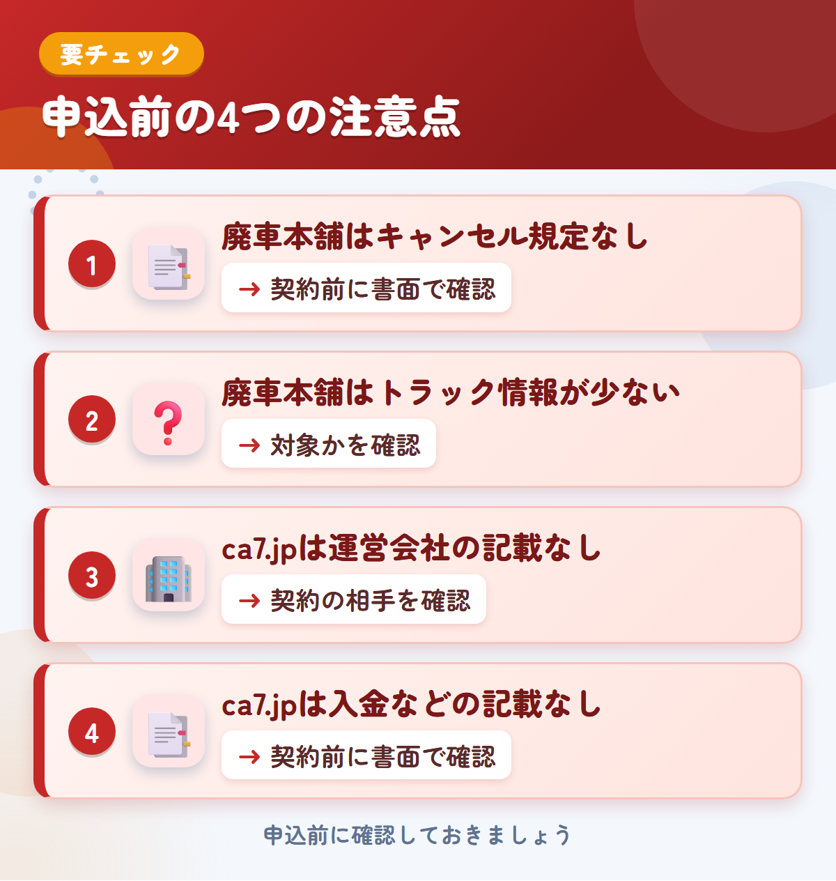 廃車本舗とca7.jpの申込前の注意点4つ。廃車本舗はキャンセル規定なし、廃車本舗はトラック情報が少ない、ca7.jpは運営会社の記載なし、ca7.jpは入金などの記載なし