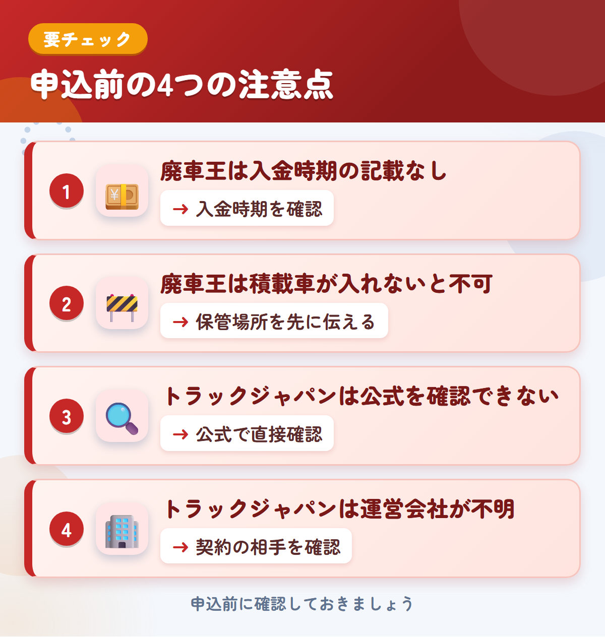廃車王とトラックジャパンの申込前の注意点4つ。廃車王は入金時期の記載なし、廃車王は積載車が入れないと不可、トラックジャパンは公式を確認できない、トラックジャパンは運営会社が不明