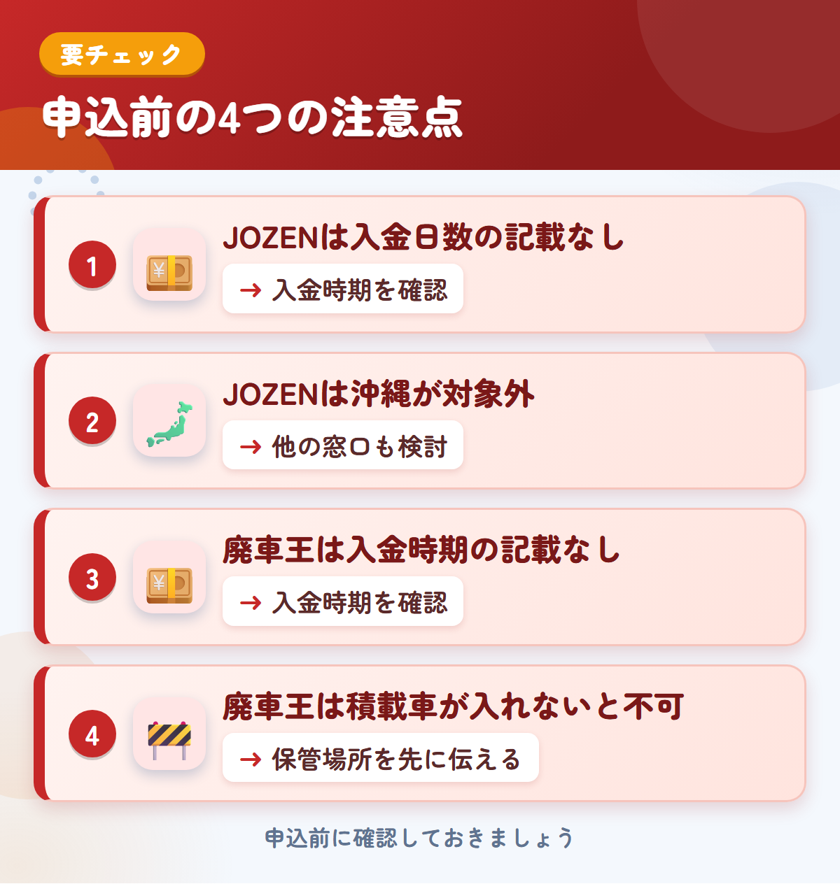 JOZENと廃車王の申込前の注意点4つ。JOZENは入金日数の記載なし、JOZENは沖縄が対象外、廃車王は入金時期の記載なし、廃車王は積載車が入れないと不可