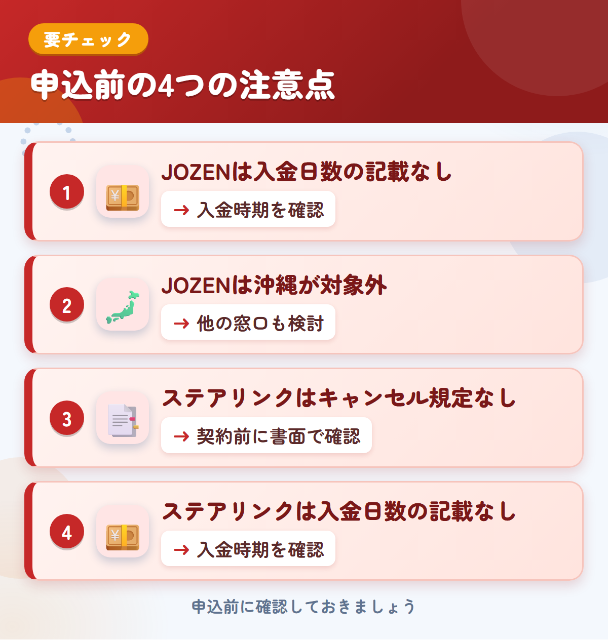 JOZENとステアリンクの申込前の注意点4つ。JOZENは入金日数の記載なし、JOZENは沖縄が対象外、ステアリンクはキャンセル規定なし、ステアリンクは入金日数の記載なし