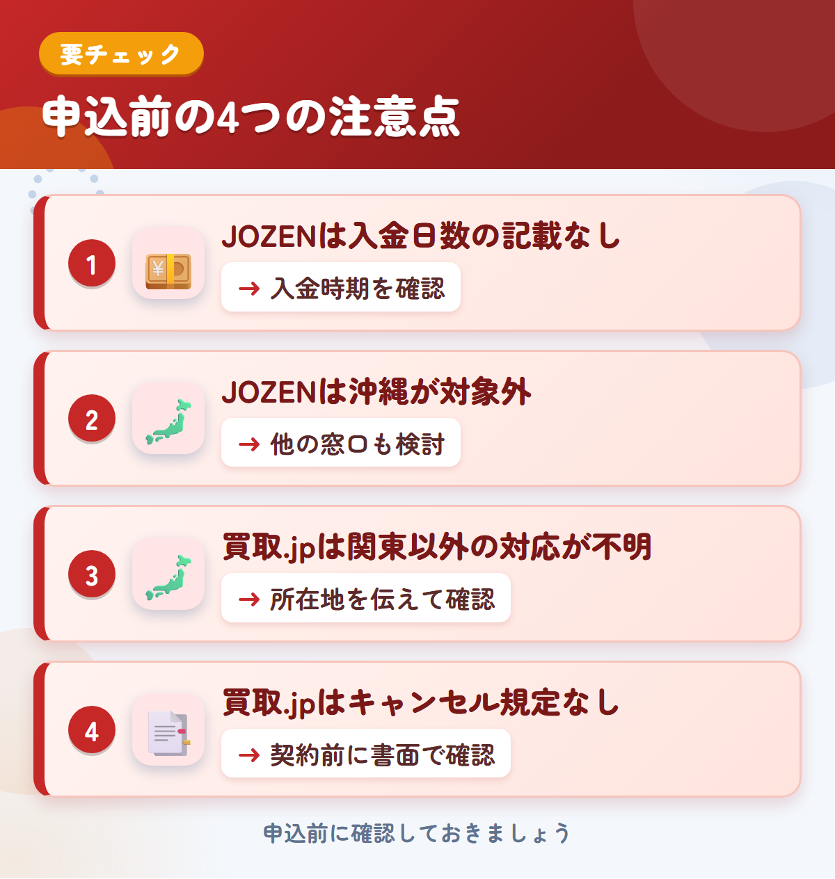 JOZENと買取.jpの申込前の注意点4つ。JOZENは入金日数の記載なし、JOZENは沖縄が対象外、買取.jpは関東以外の対応が不明、買取.jpはキャンセル規定なし
