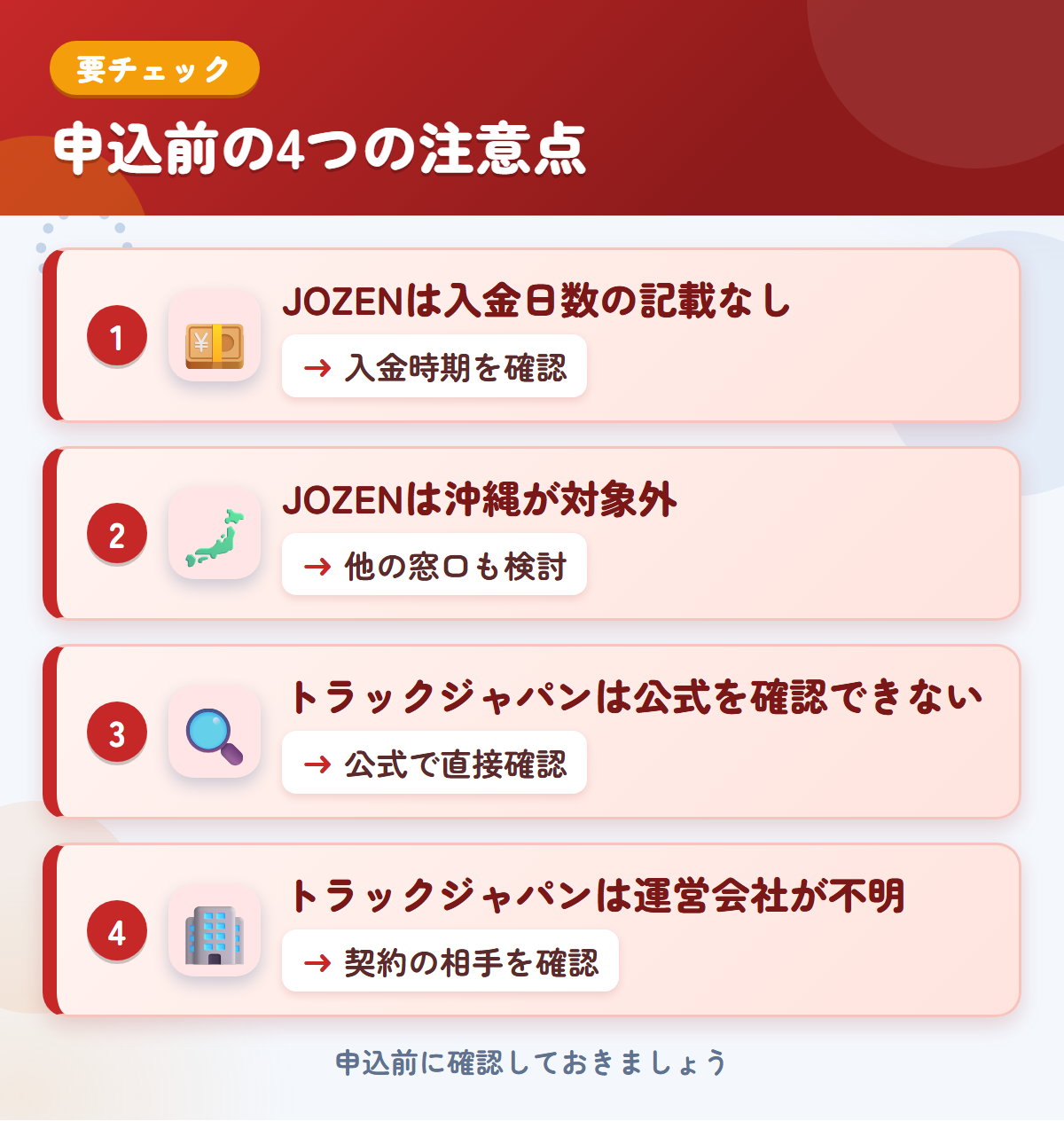 JOZENとトラックジャパンの申込前の注意点4つ。JOZENは入金日数の記載なし、JOZENは沖縄が対象外、トラックジャパンは公式を確認できない、トラックジャパンは運営会社が不明