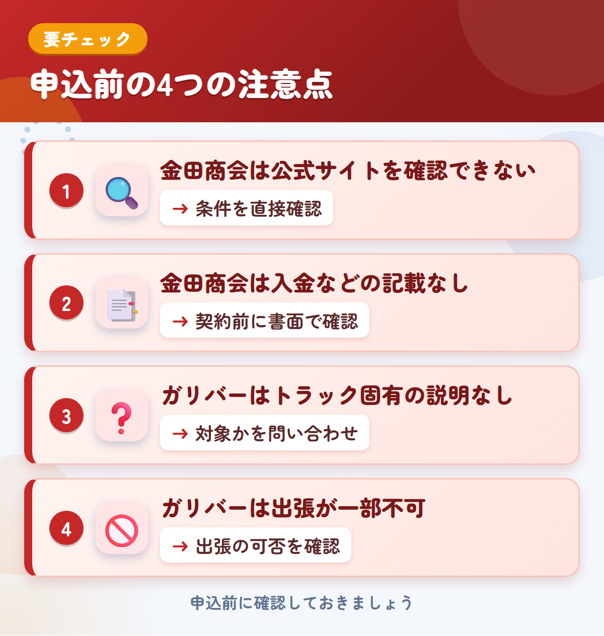 金田商会とガリバーの申込前の注意点4つ。金田商会は公式サイトを確認できない、金田商会は入金などの記載なし、ガリバーはトラック固有の説明なし、ガリバーは出張が一部不可