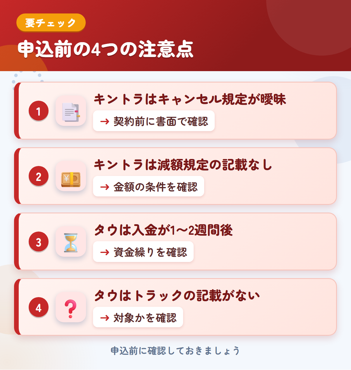 キントラとタウの申込前の注意点4つ。キントラはキャンセル規定が曖昧、キントラは減額規定の記載なし、タウは入金が1〜2週間後、タウはトラックの記載がない