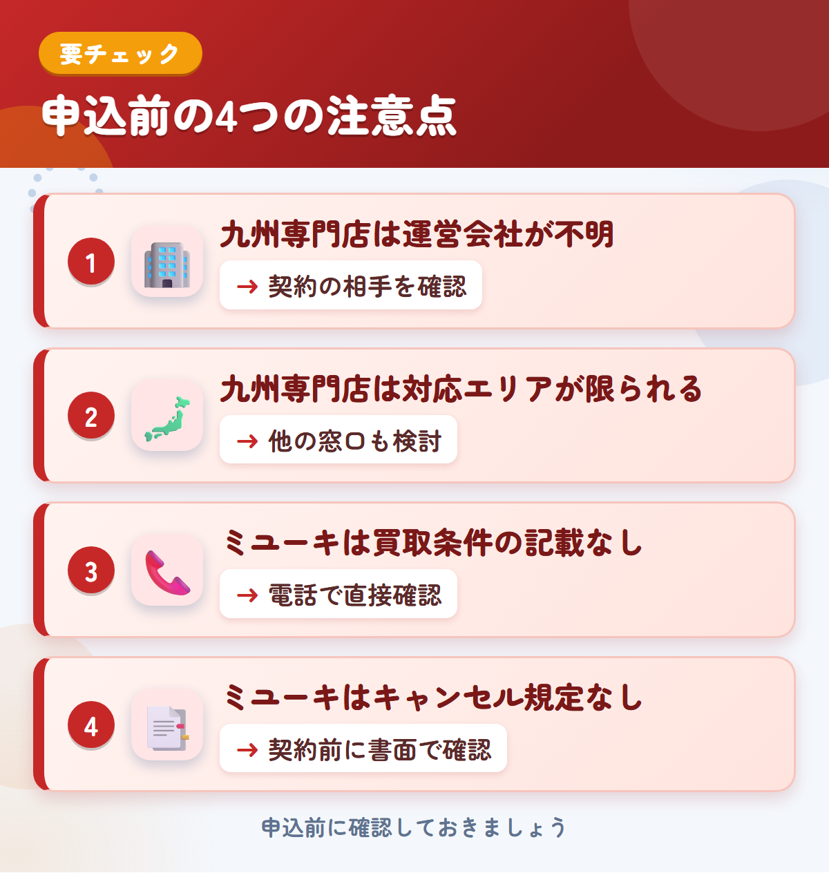 九州専門店とミユーキの申込前の注意点4つ。九州専門店は運営会社が不明、九州専門店は対応エリアが限られる、ミユーキは買取条件の記載なし、ミユーキはキャンセル規定なし
