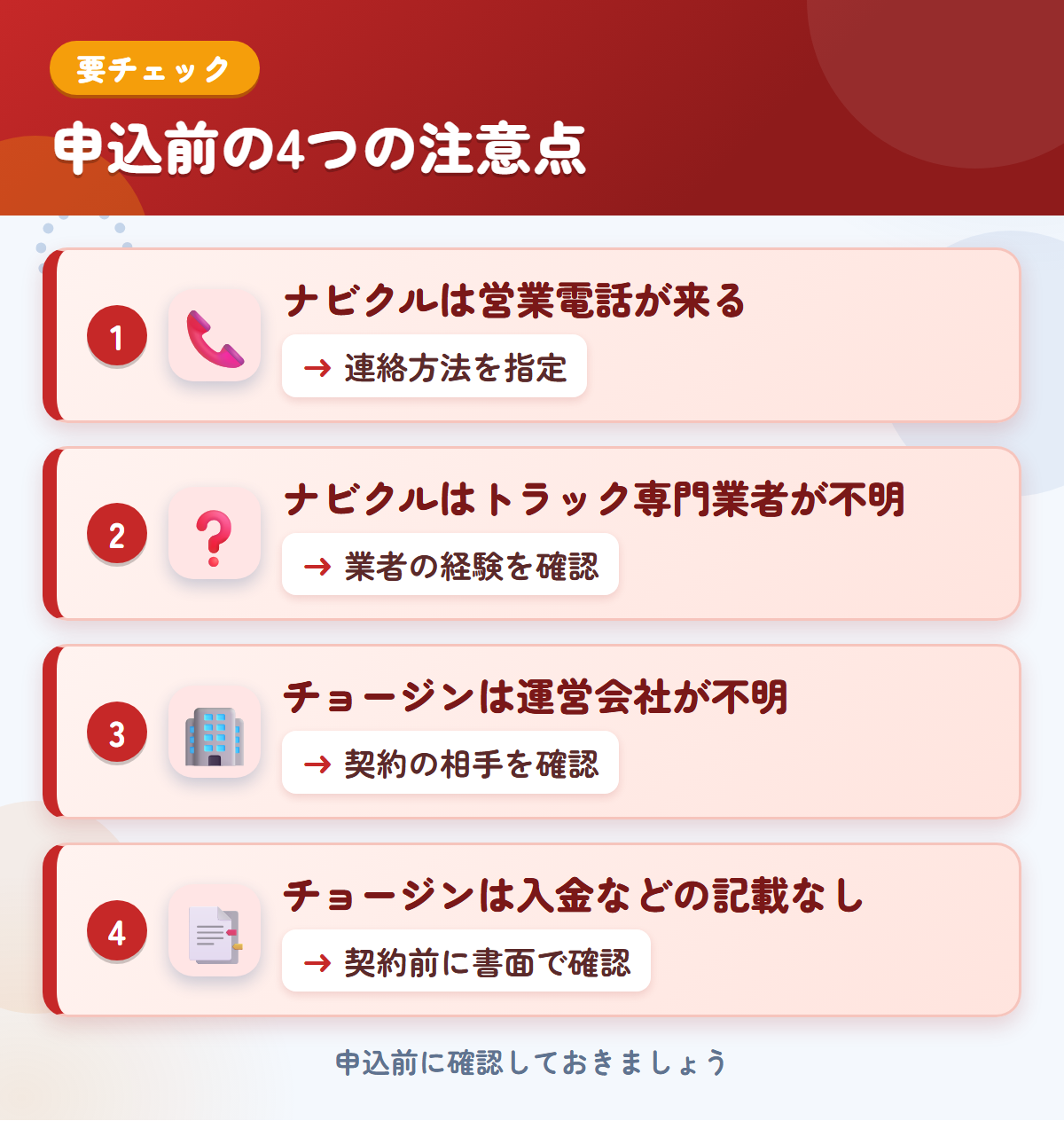 ナビクルとチョージンの申込前の注意点4つ。ナビクルは営業電話が来る、ナビクルはトラック専門業者が不明、チョージンは運営会社が不明、チョージンは入金などの記載なし