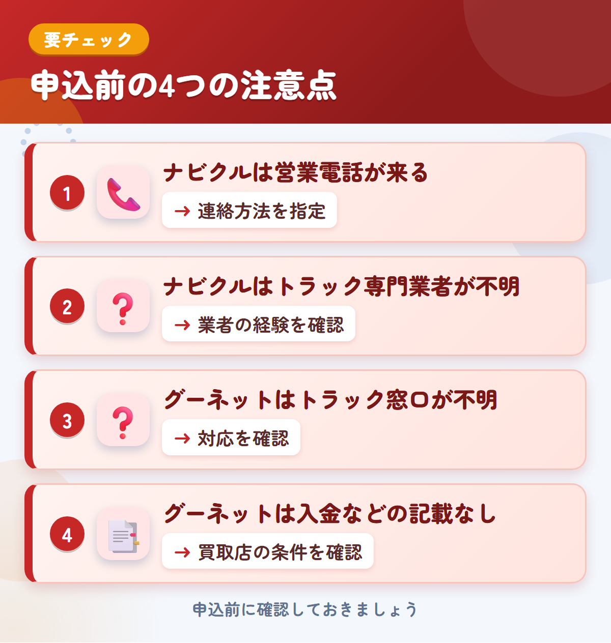 ナビクルとグーネットの申込前の注意点4つ。ナビクルは営業電話が来る、ナビクルはトラック専門業者が不明、グーネットはトラック窓口が不明、グーネットは入金などの記載なし