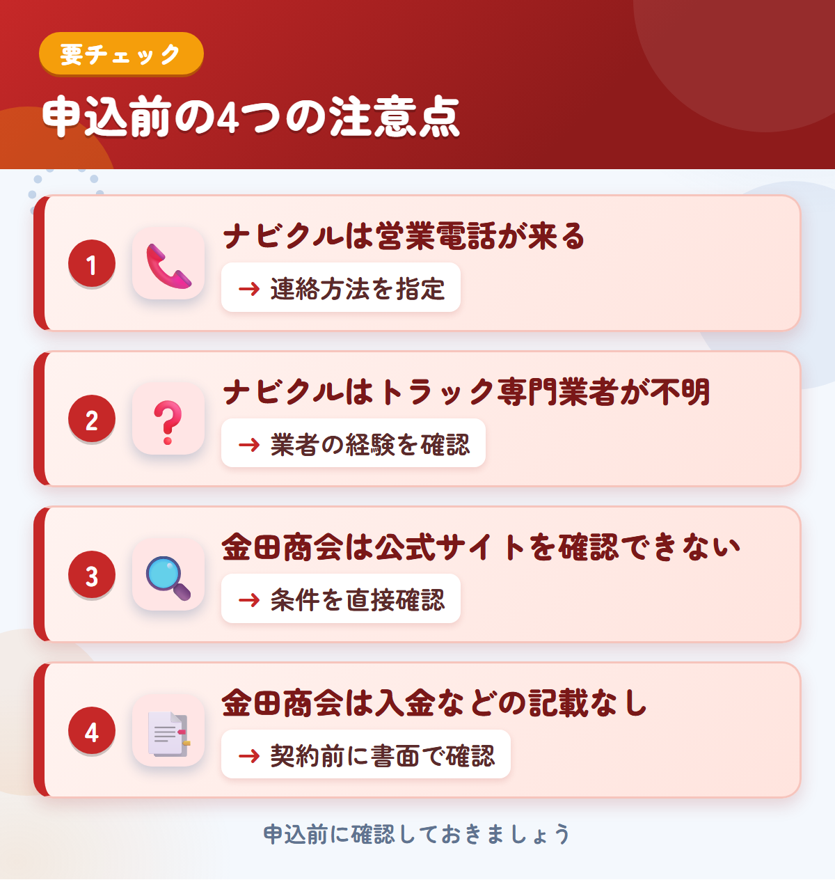 ナビクルと金田商会の申込前の注意点4つ。ナビクルは営業電話が来る、ナビクルはトラック専門業者が不明、金田商会は公式サイトを確認できない、金田商会は入金などの記載なし